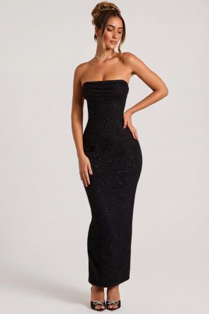 Embellished Bandeau Cowl Neck Maxi Dress in Black