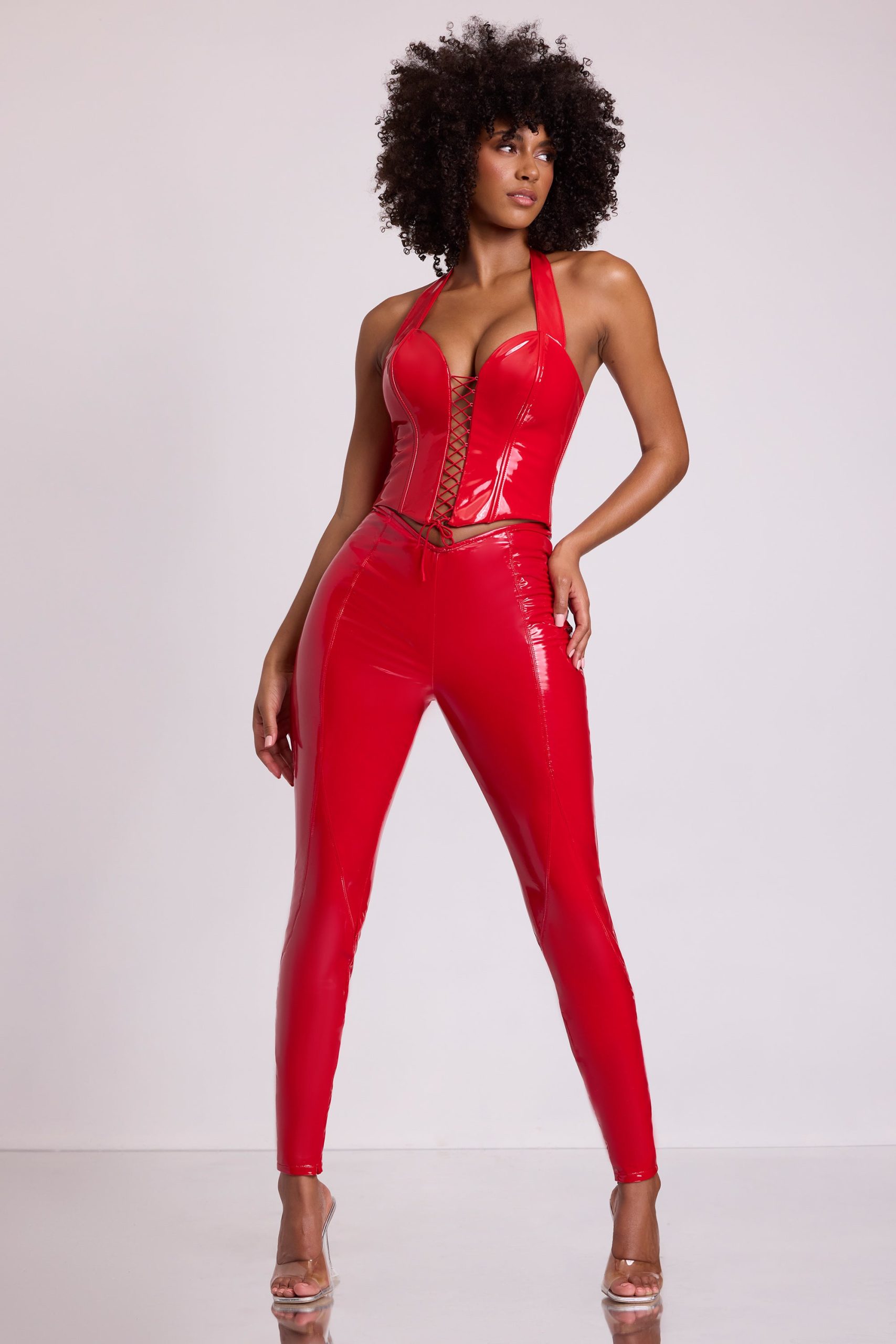 Vinyl High V-Waist Leggings in Fire Red - Image 7