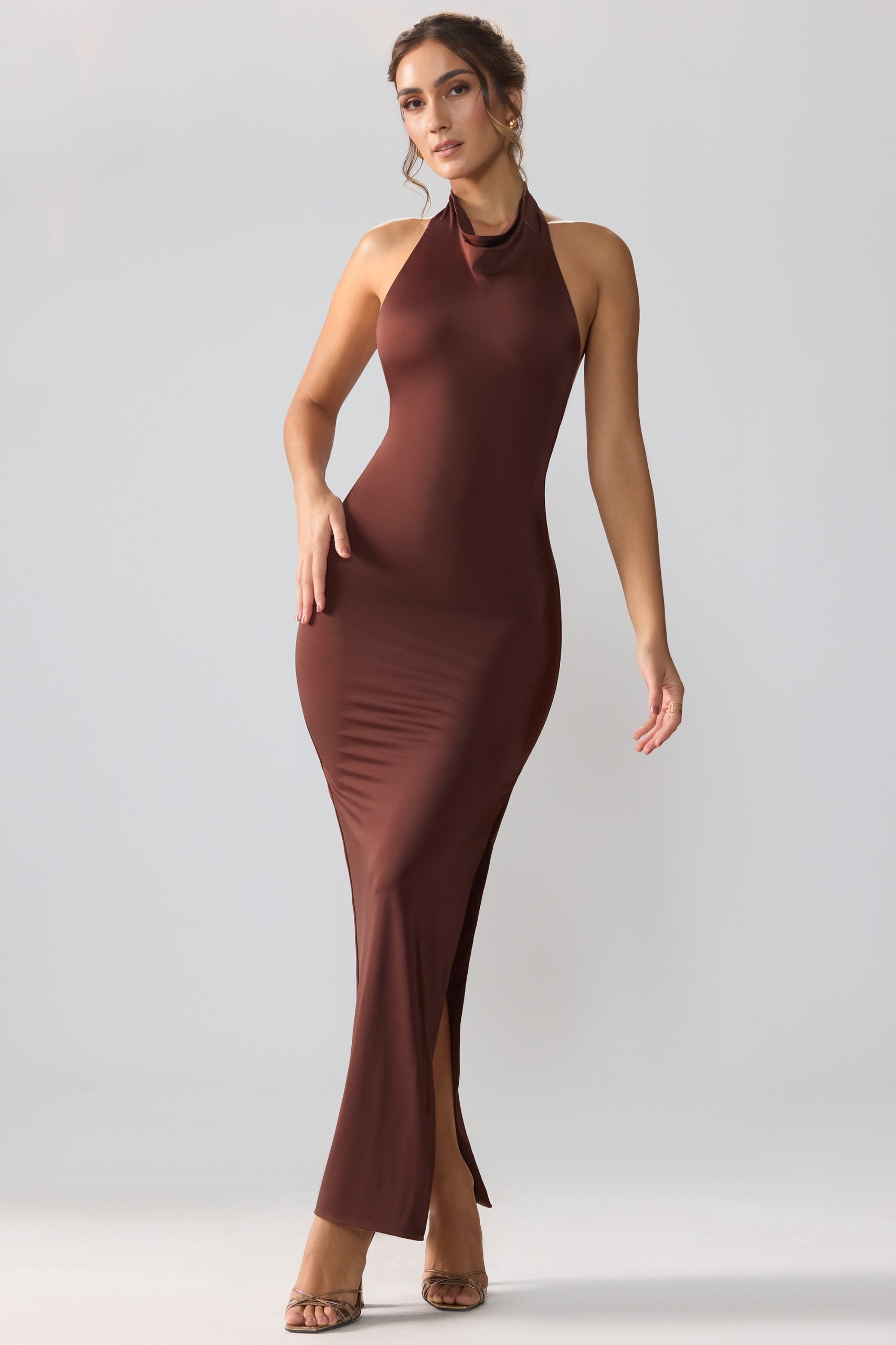 Premium Jersey Cowl Neck Backless Maxi Dress in Espresso - Image 5