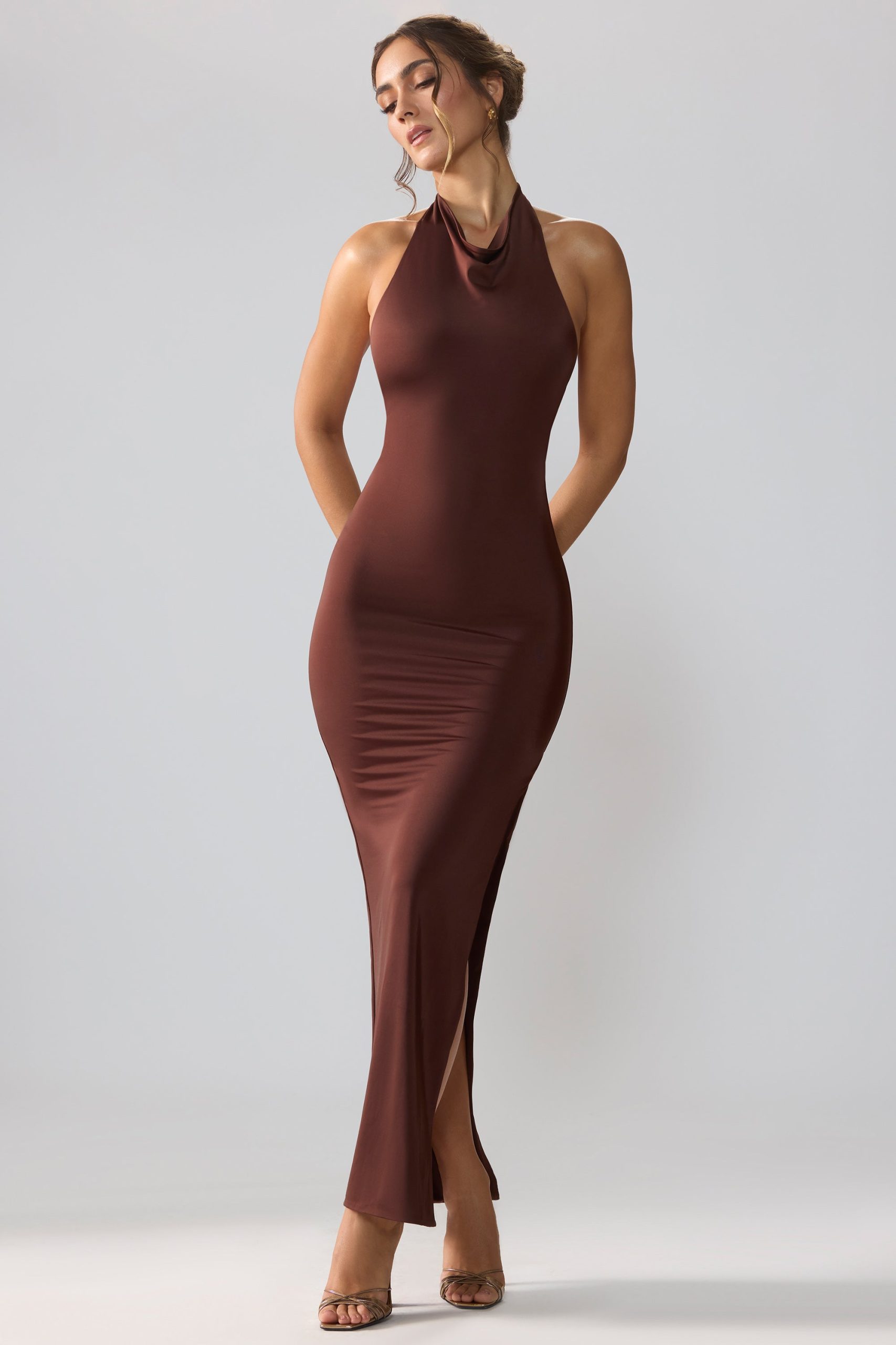 Premium Jersey Cowl Neck Backless Maxi Dress in Espresso - Image 7