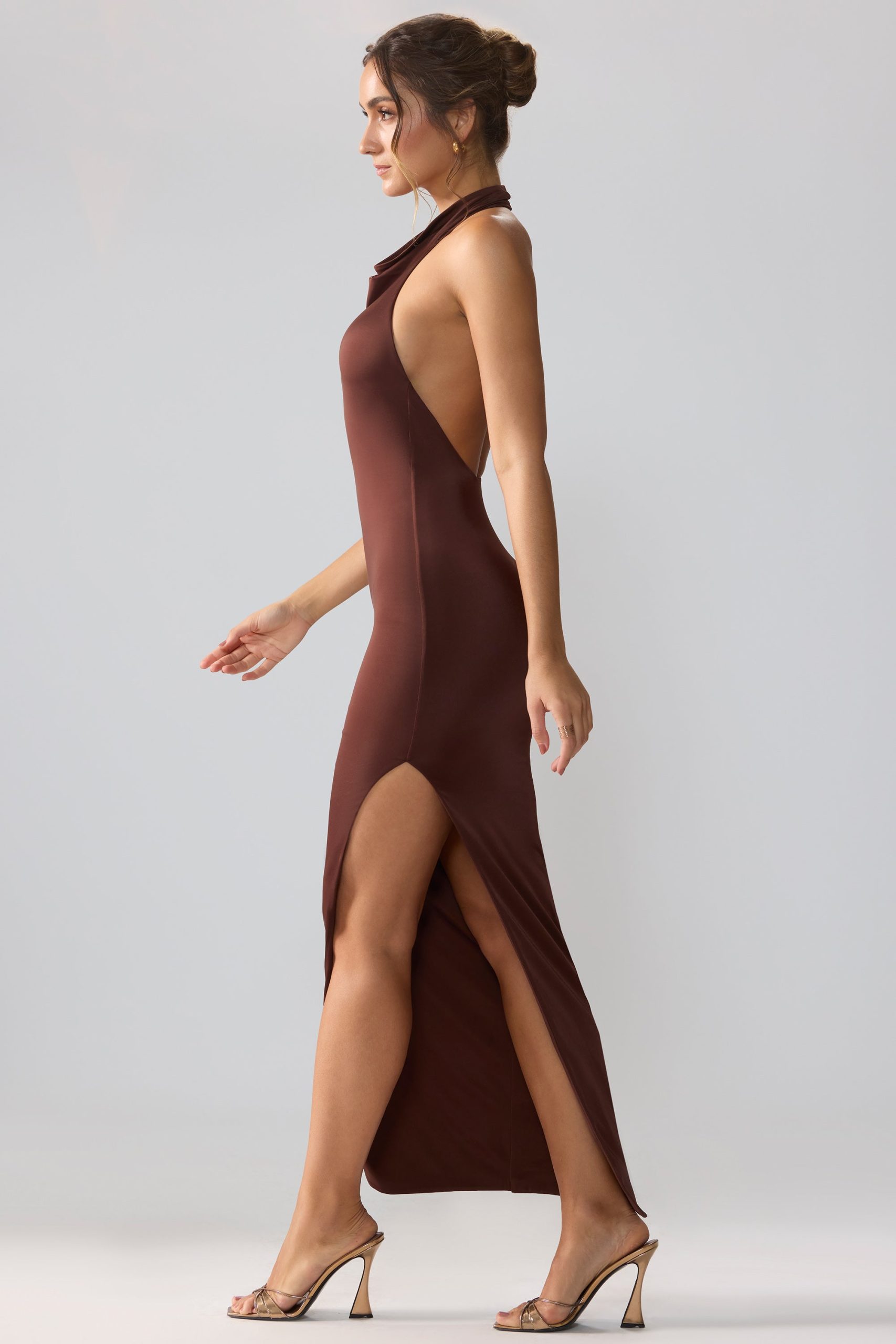 Premium Jersey Cowl Neck Backless Maxi Dress in Espresso - Image 3