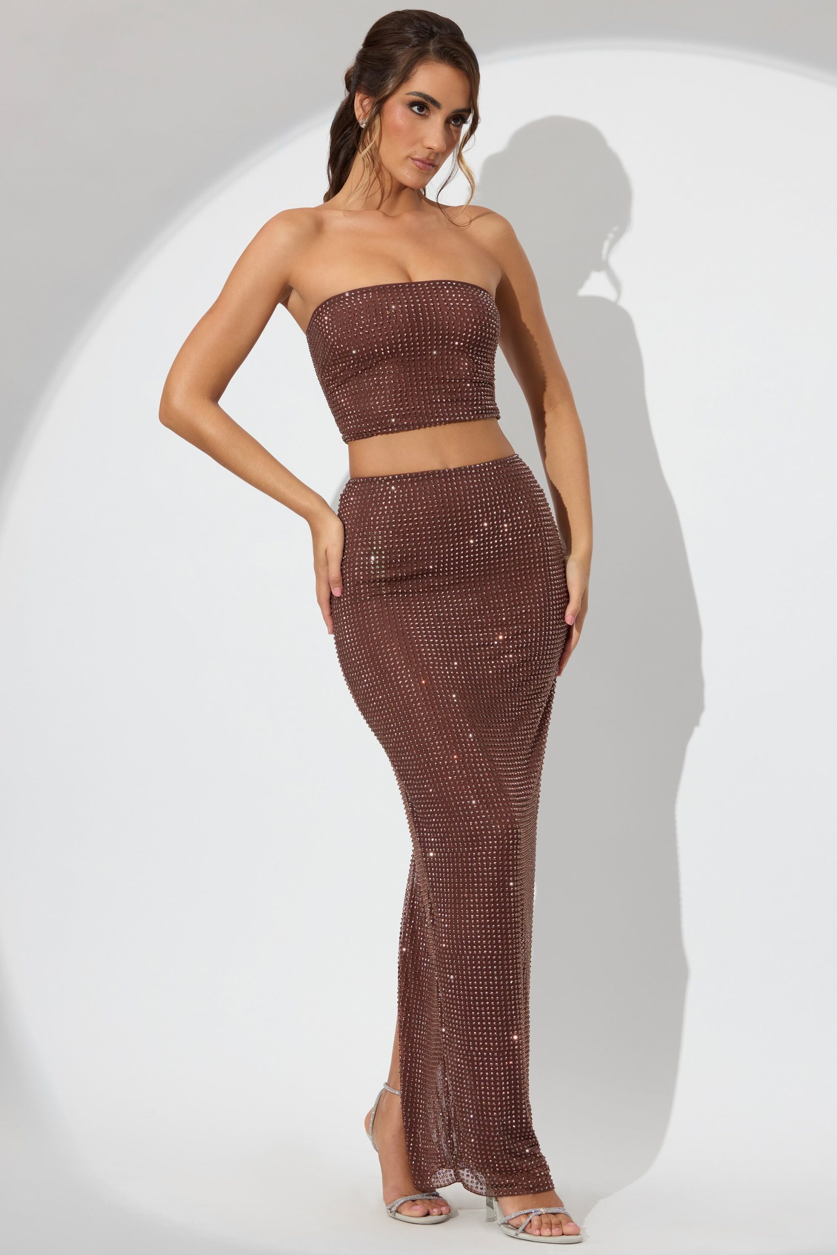 Embellished Mid Rise Maxi Skirt in Espresso - Image 8