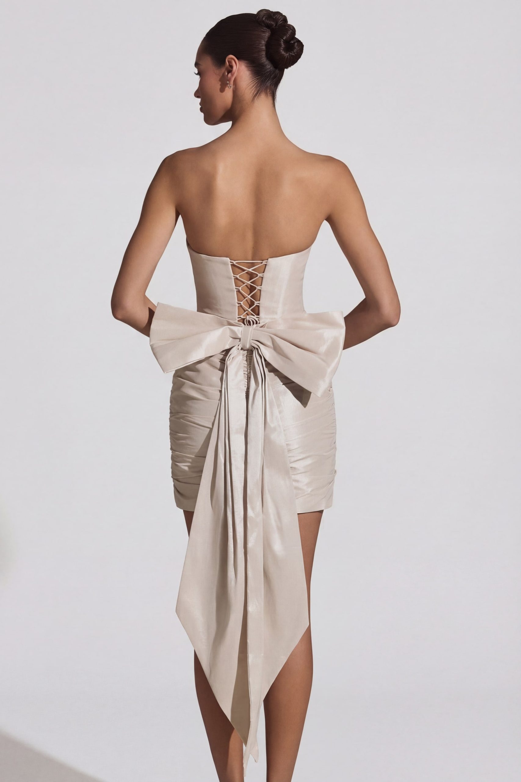 Satin Bow-Detail Strapless Mini Dress in Ivory - Image 7