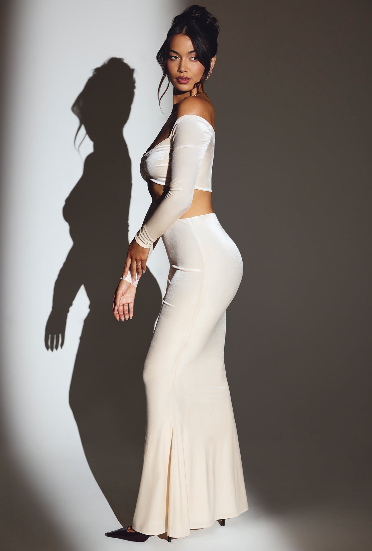 Velvet Mid-Rise Maxi Skirt in Ivory - Image 3