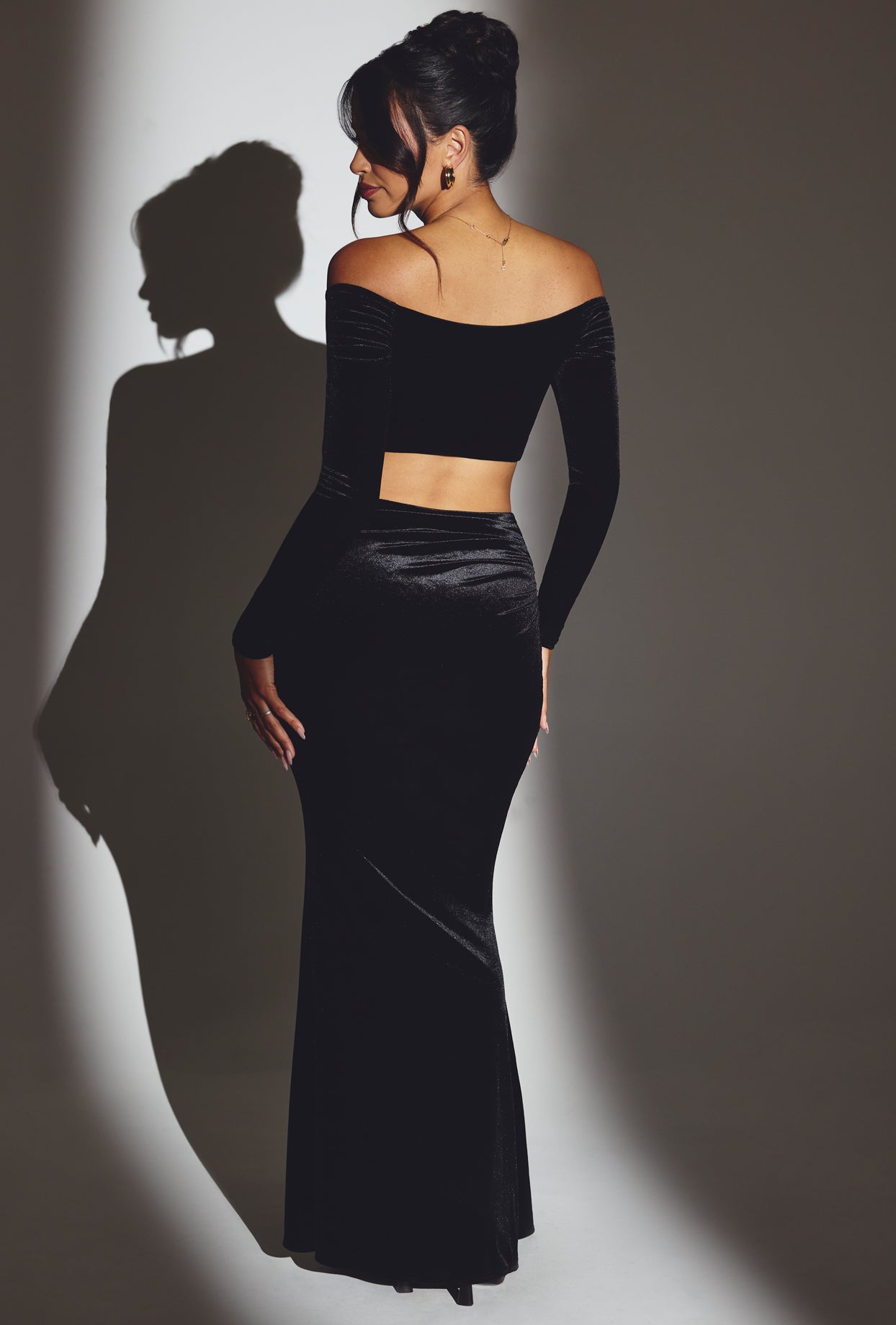 Velvet Off-Shoulder Ruched Crop Top in Jet Black - Image 2