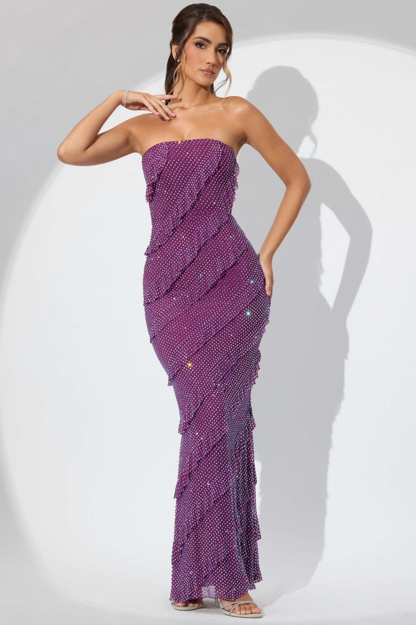 Embellished Bandeau Ruffle Maxi Dress in Plum - Image 7