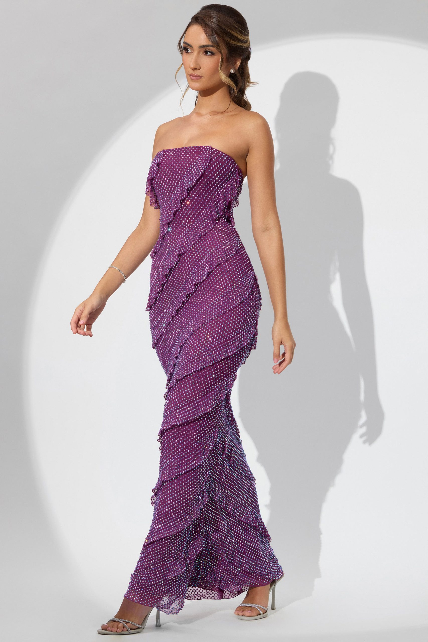Embellished Bandeau Ruffle Maxi Dress in Plum - Image 9