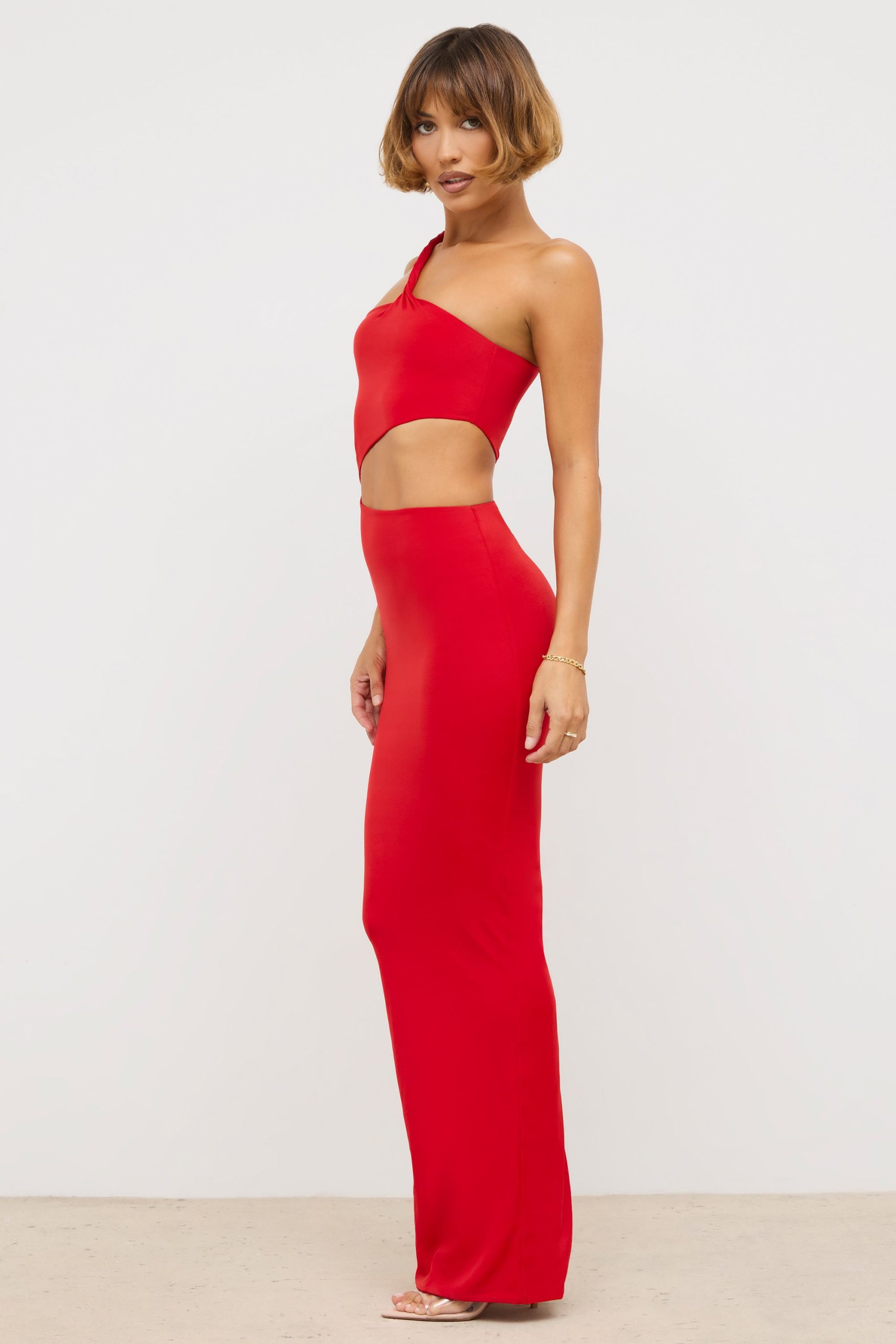 Premium Jersey Asymmetric Cut Out Maxi Dress in Scarlet Red - Image 3