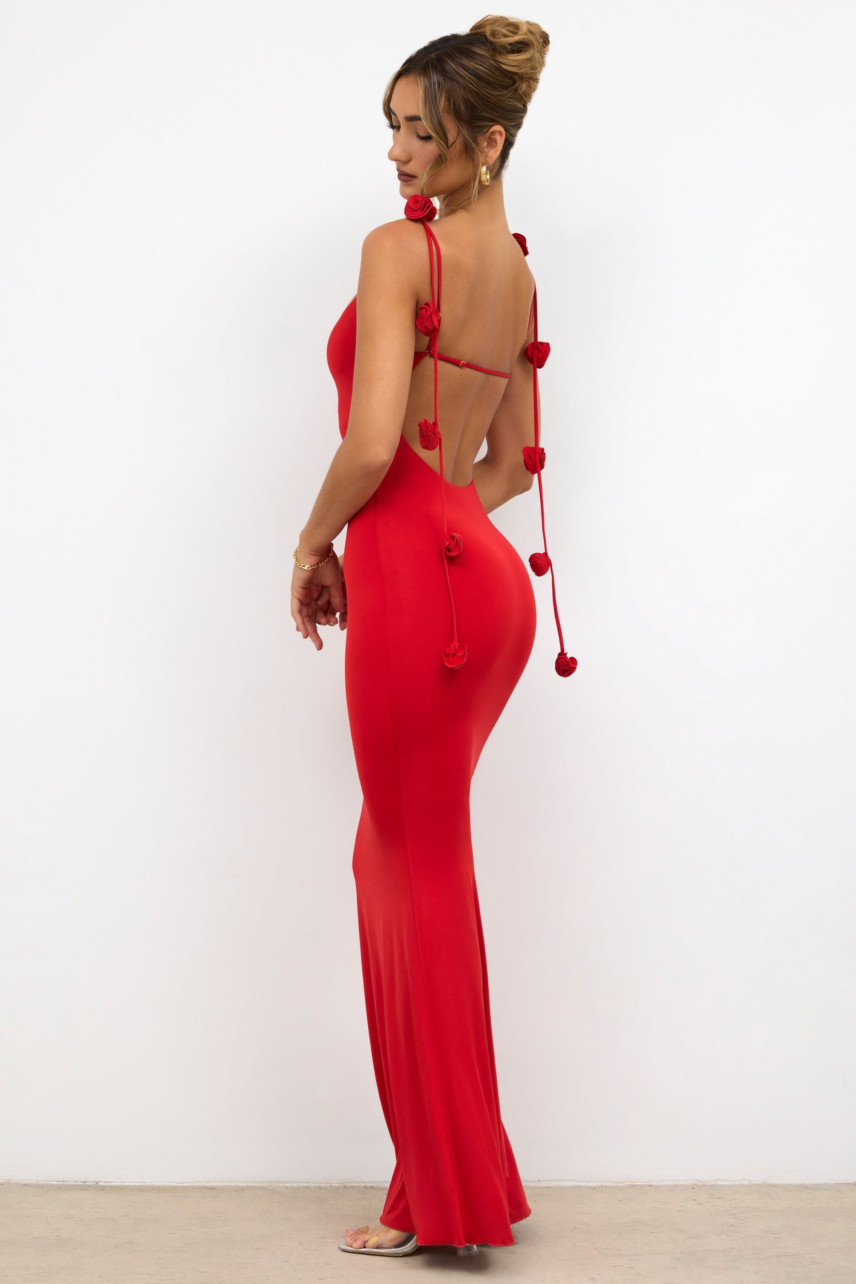 Slinky Jersey Rose Detail Evening Gown in Scarlet Red - Image 8