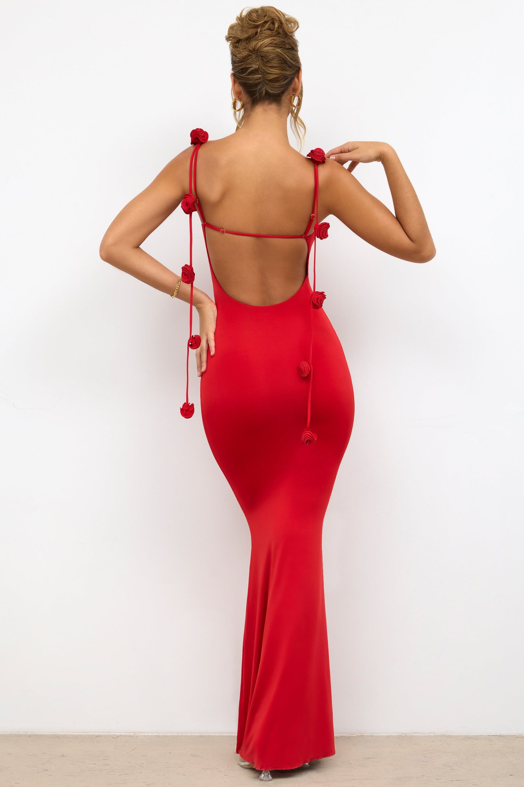 Slinky Jersey Rose Detail Evening Gown in Scarlet Red - Image 5