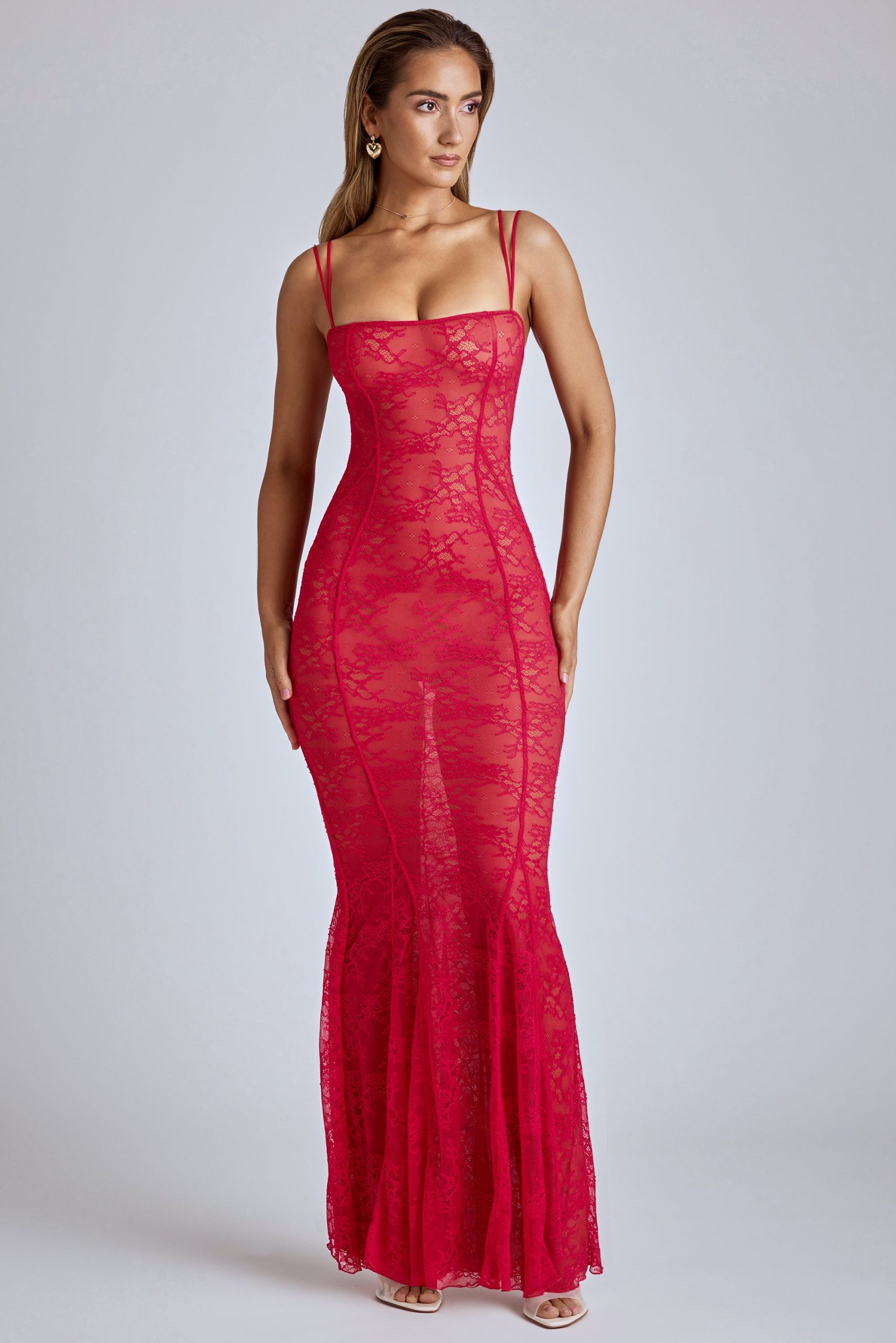 Sheer Lace Fishtail Gown in Cherry Red - Image 6