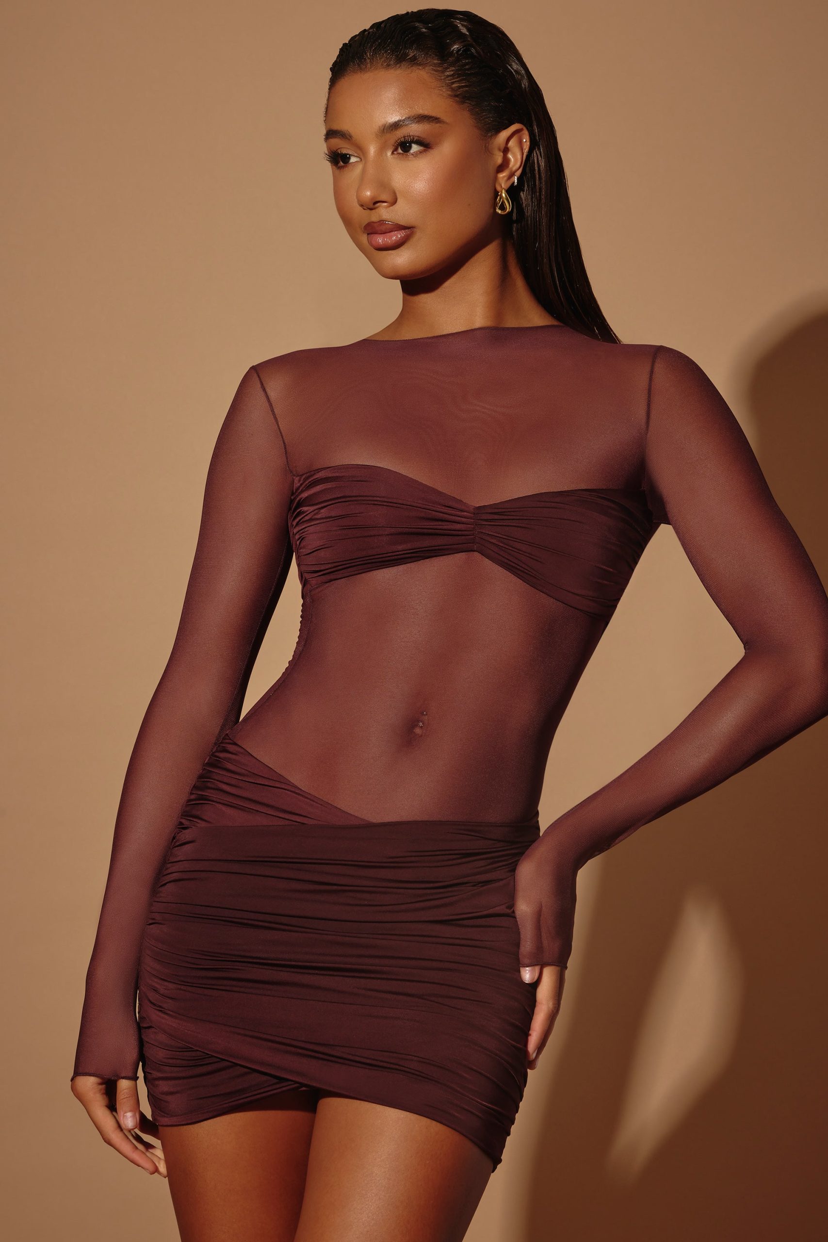 Sheer Panelled Long Sleeve Mini Dress in Brown - Image 6