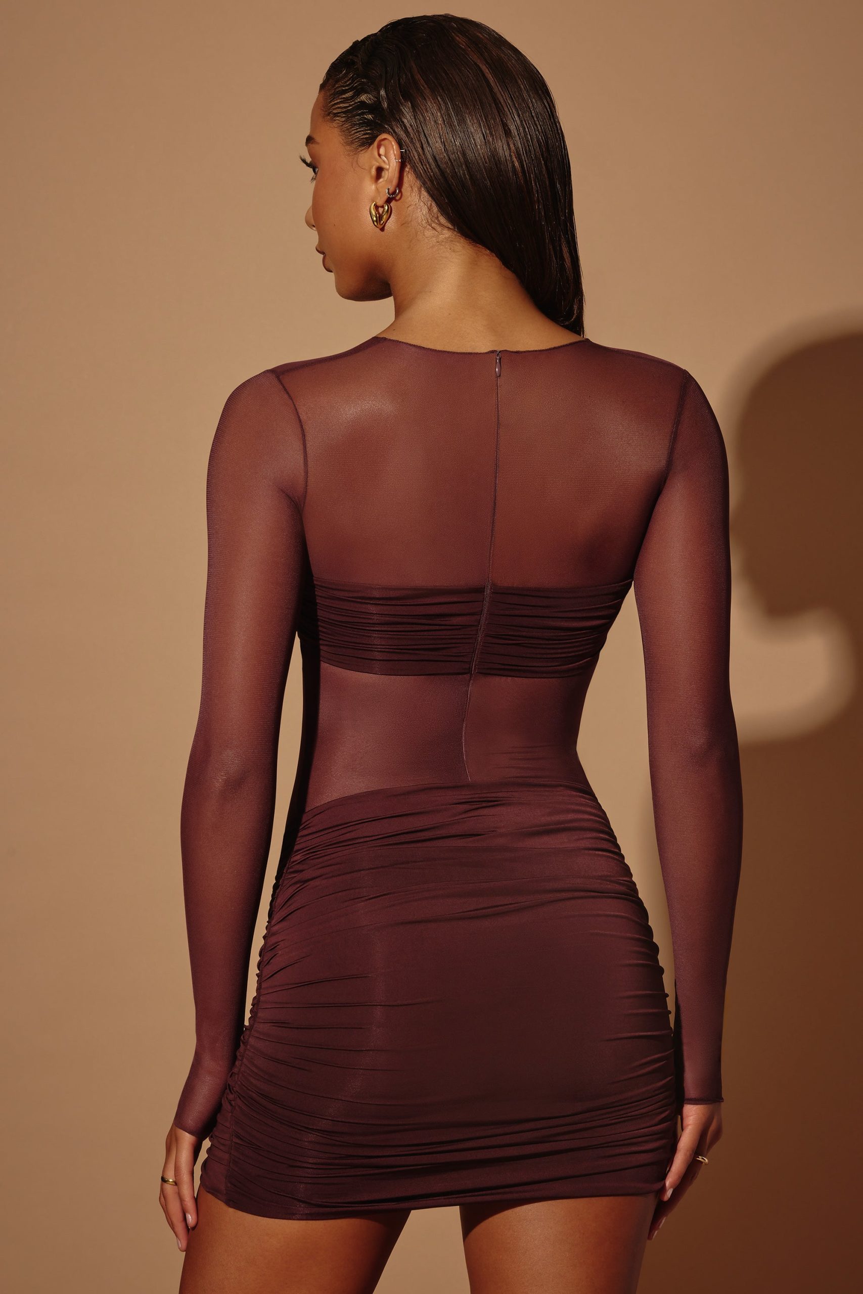 Sheer Panelled Long Sleeve Mini Dress in Brown - Image 2