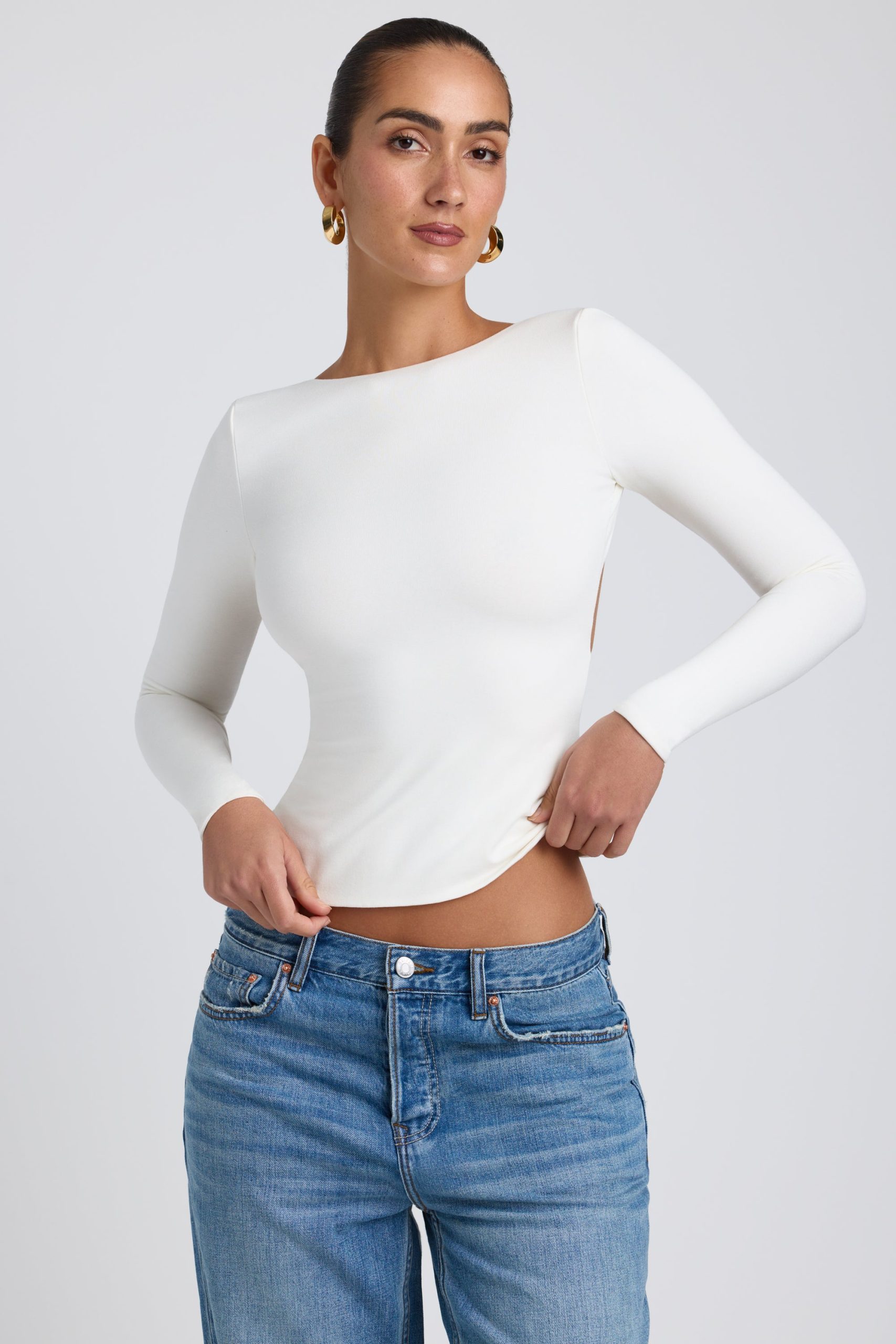 Modal High Neck Long Sleeve Open Back Top in White - Image 4