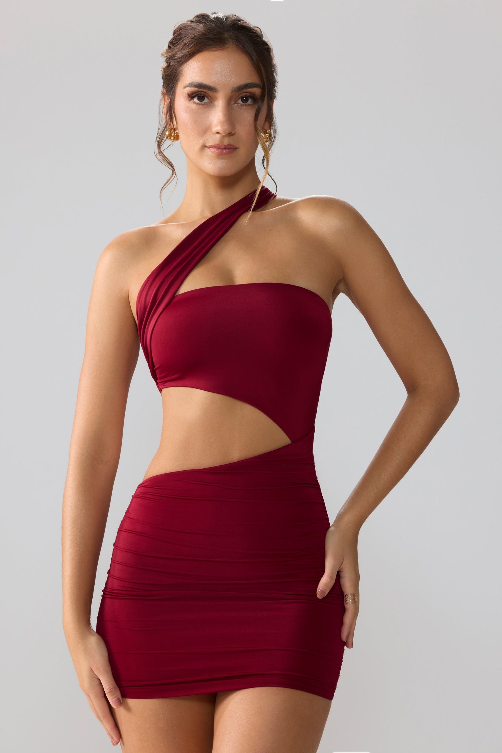 Slinky Jersey Ruched Cut Out Mini Dress in Ruby - Image 6