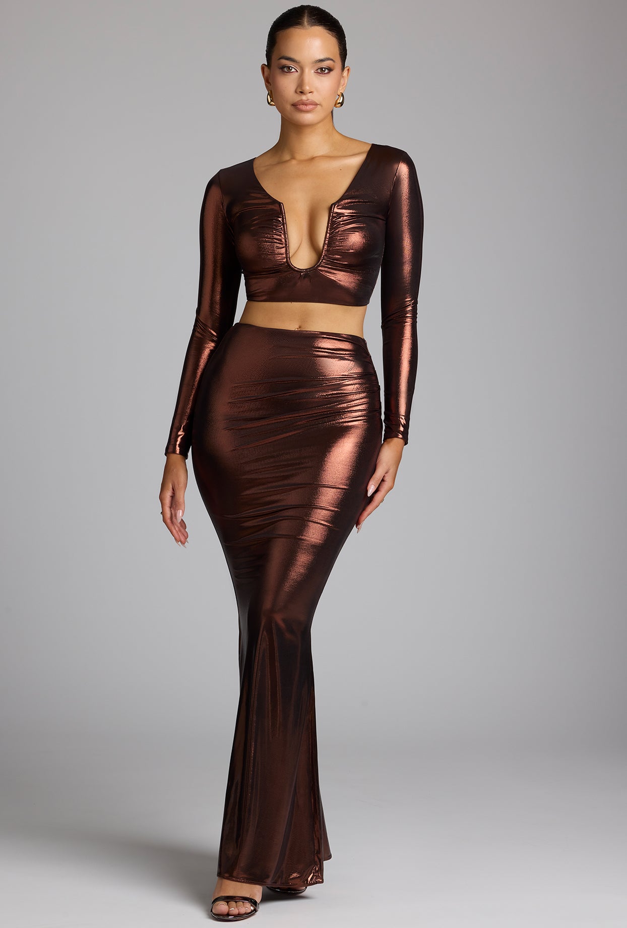 Plunge Neck Metallic Jersey Crop Top in Copper Bronze - Image 11