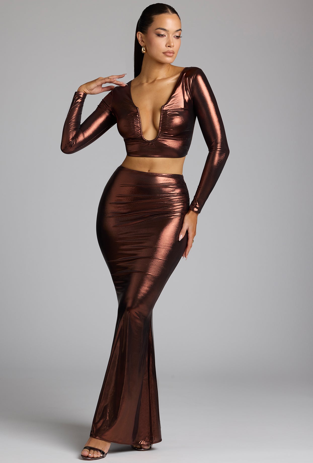 Mid Rise Metallic Jersey Gown Skirt in Copper Bronze - Image 6