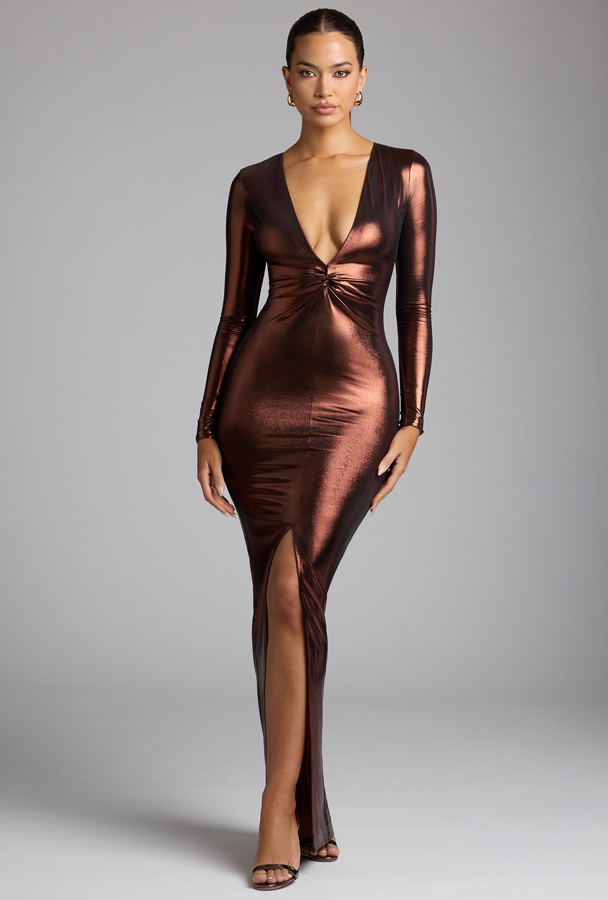 Long Sleeve Metallic Jersey Evening Gown in Copper Bronze - Image 7