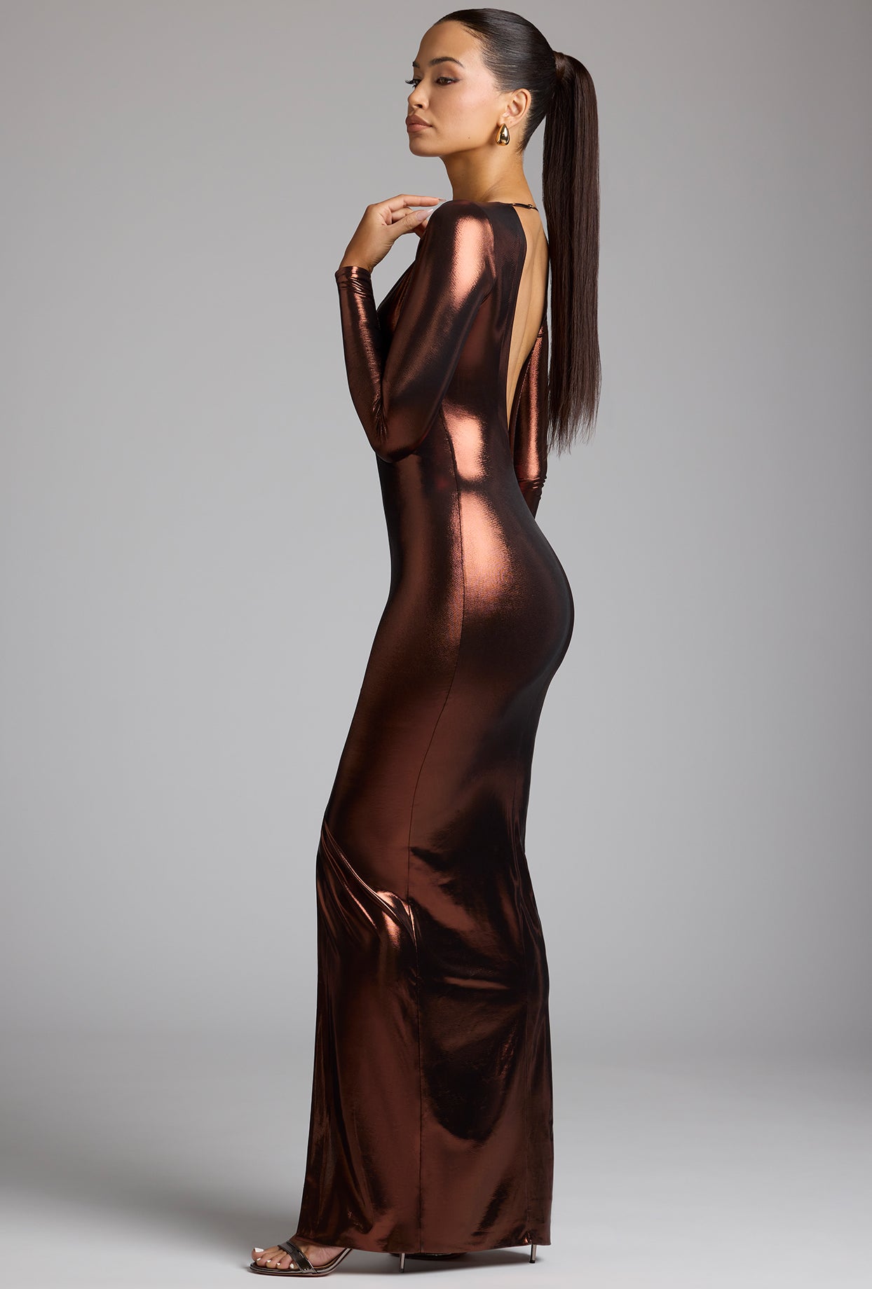 Long Sleeve Metallic Jersey Evening Gown in Copper Bronze - Image 3