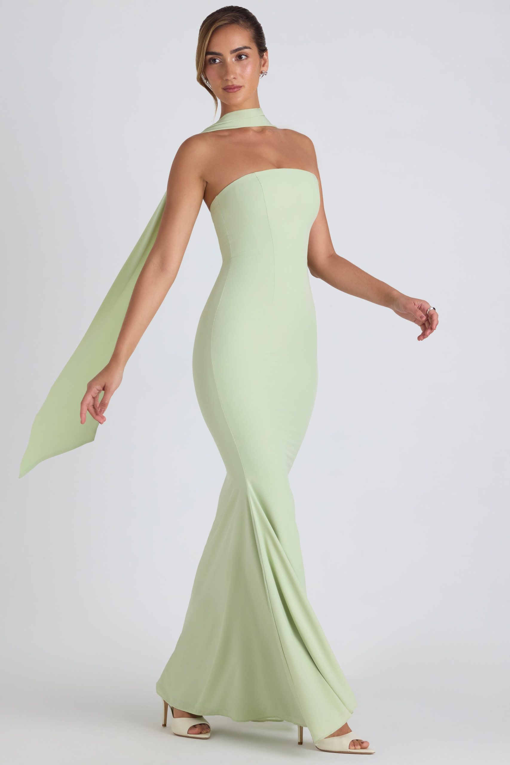 Scarf-Detail Strapless Gown in Spring Green - Image 5