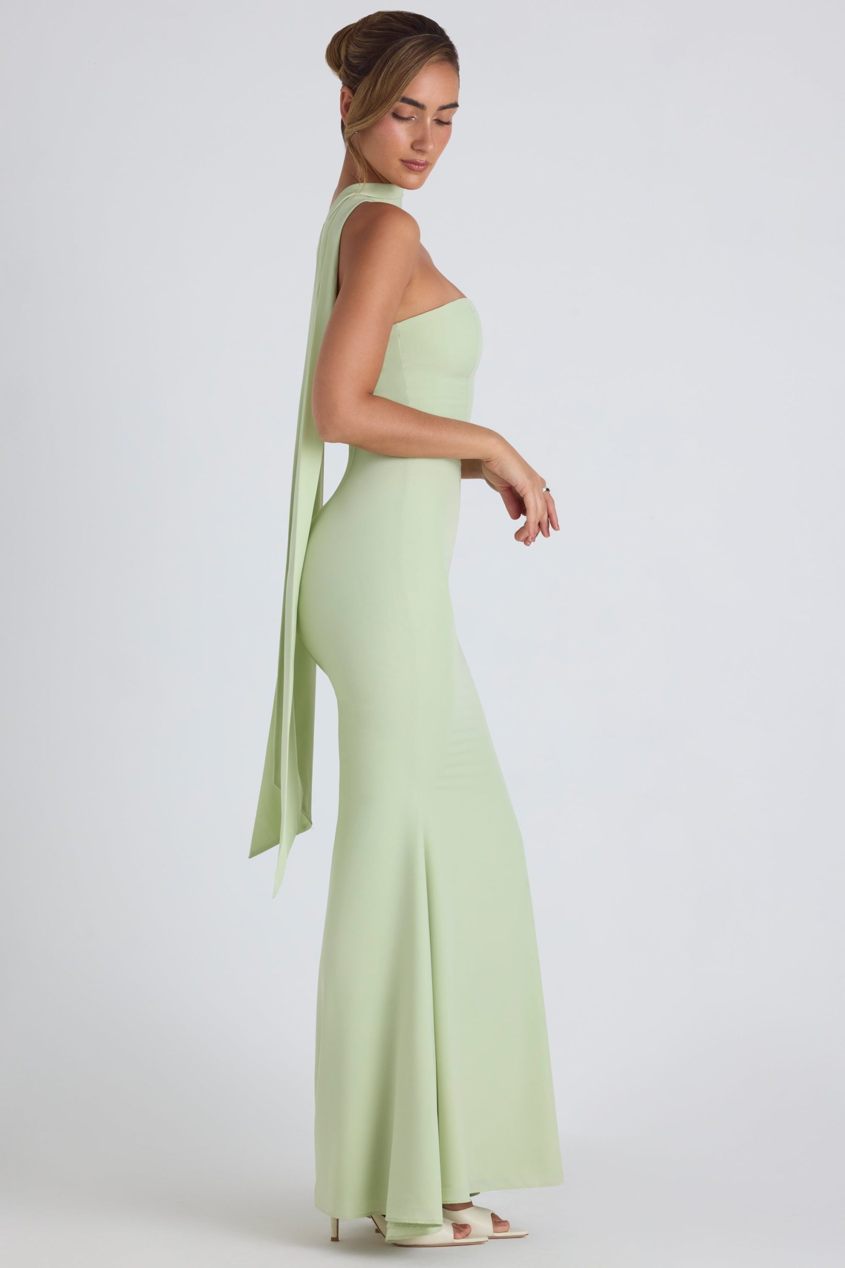 Scarf-Detail Strapless Gown in Spring Green - Image 3
