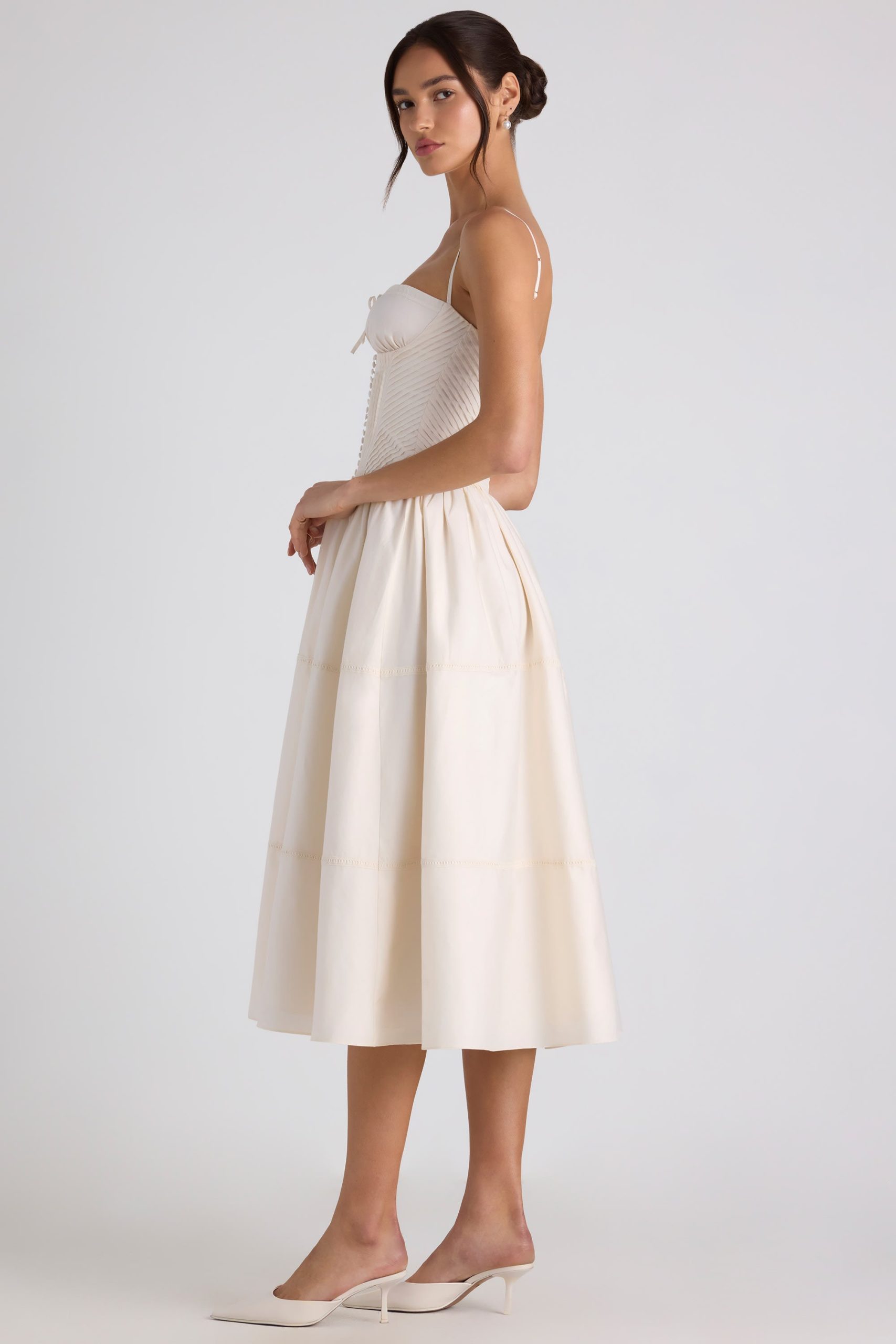 Lace-Trim Pintucked Poplin Midaxi Dress in Ivory - Image 3