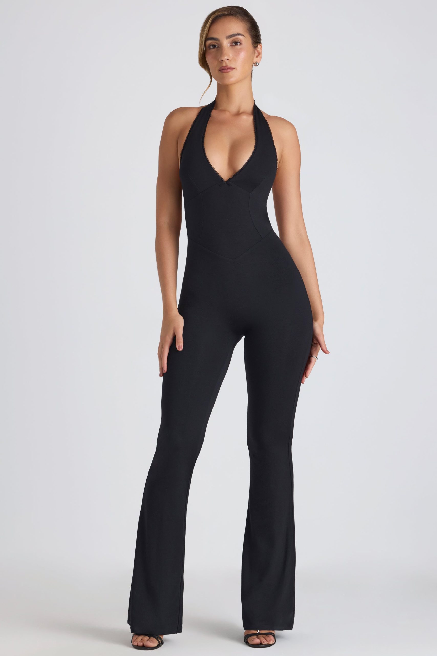 Modal Lace-Trim Cut-Out Flared Jumpsuit in Black - Image 2