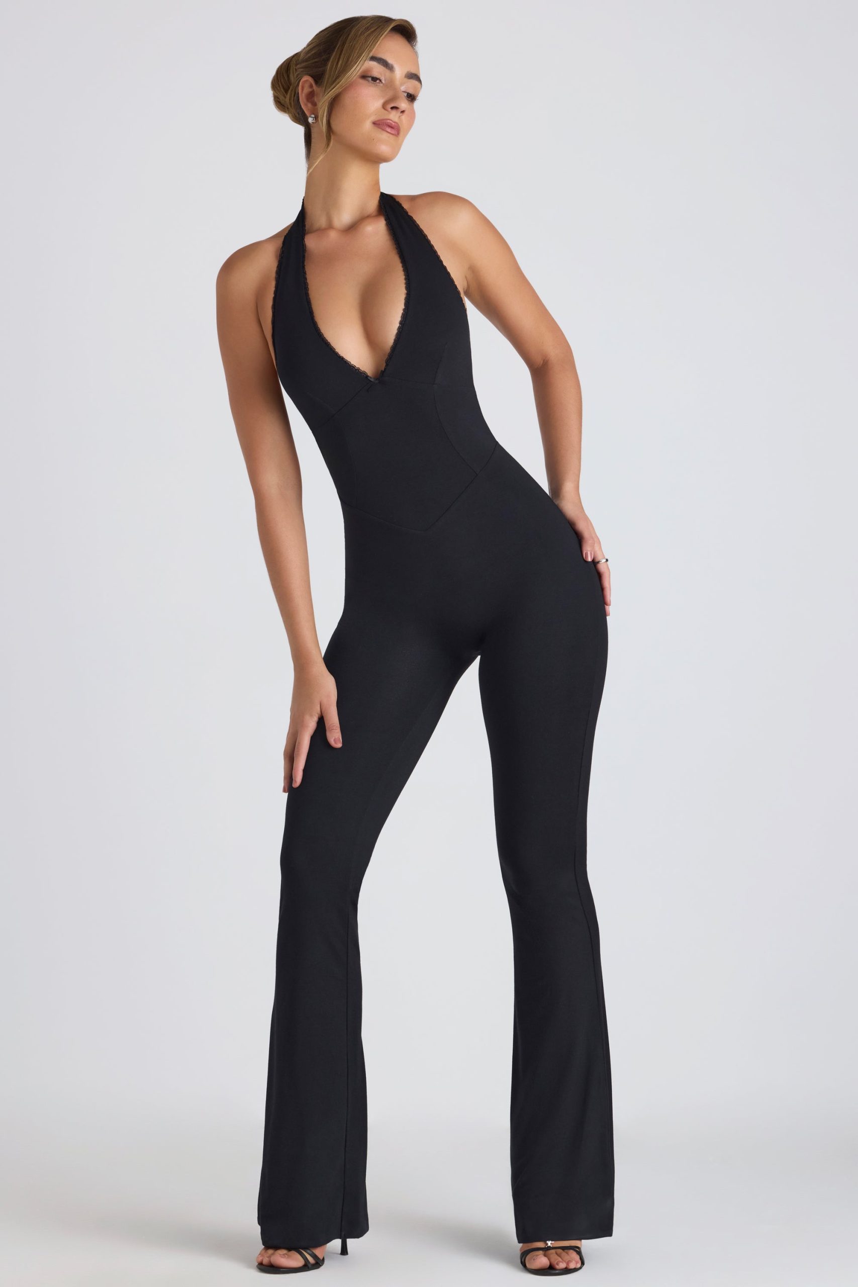 Modal Lace-Trim Cut-Out Flared Jumpsuit in Black - Image 5