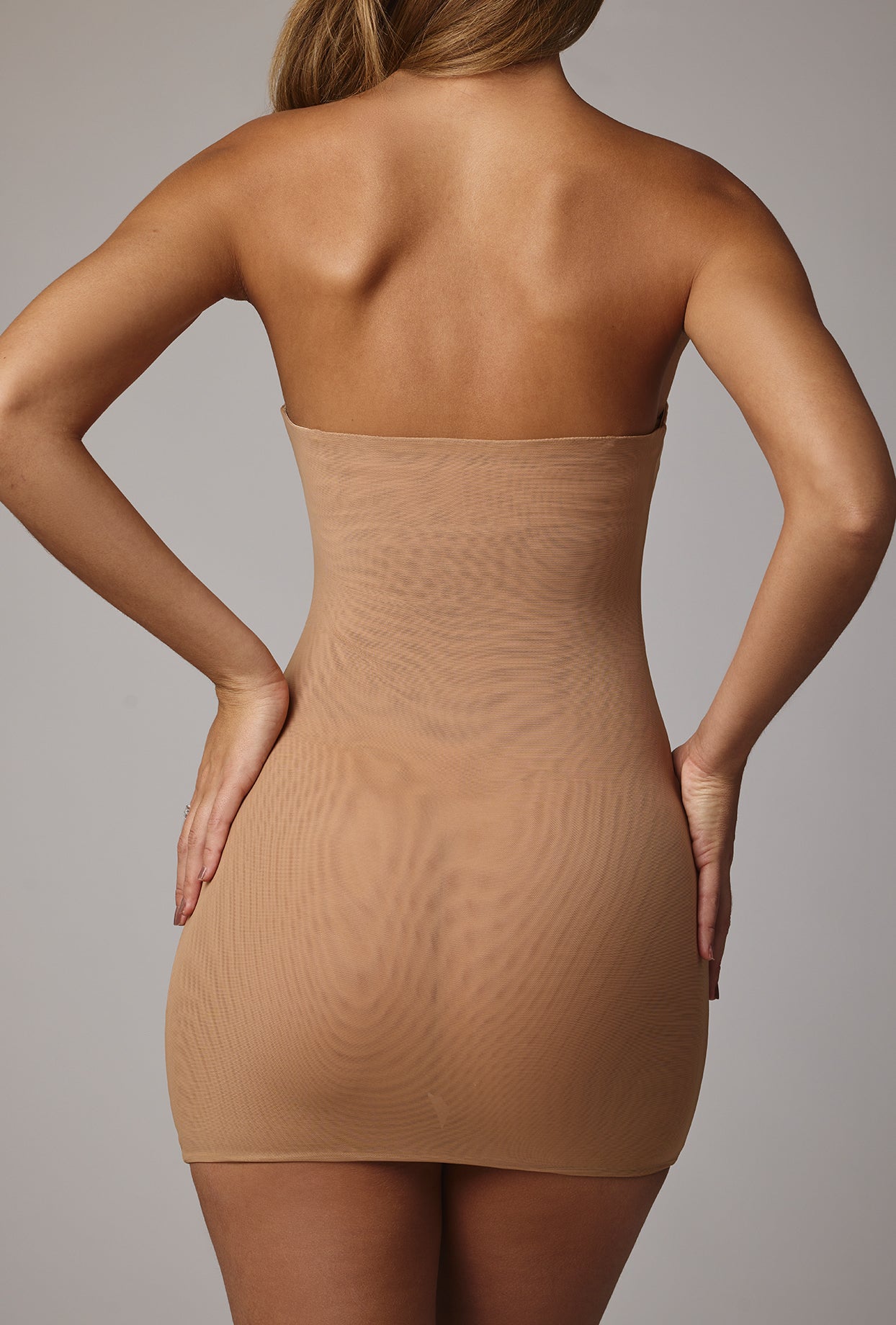 Soft Sheer-Mesh Bandeau Mini Slip Dress in Almond - Image 2