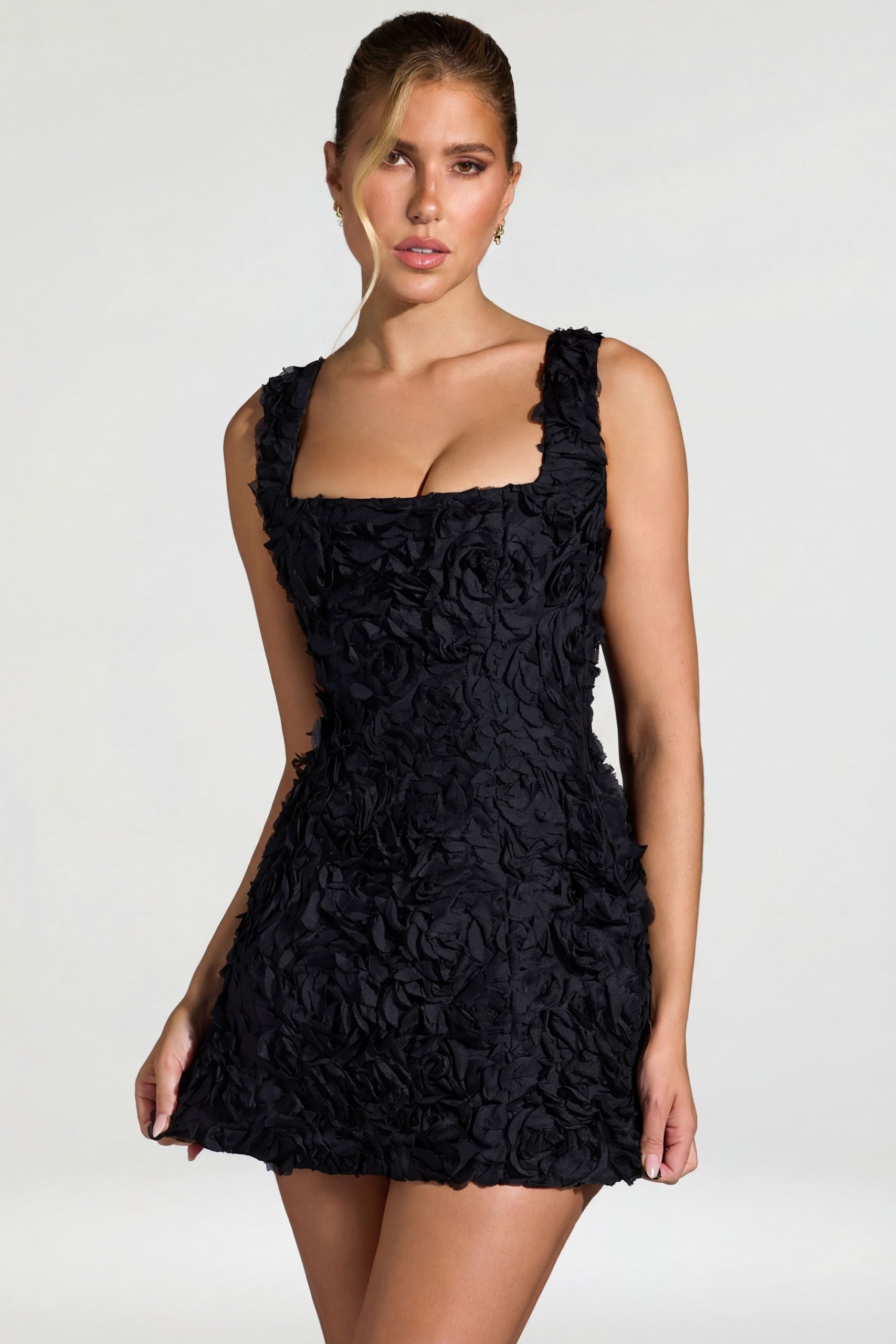 Floral-Appliqu?? Square-Neck Corset Mini Dress in Black - Image 2