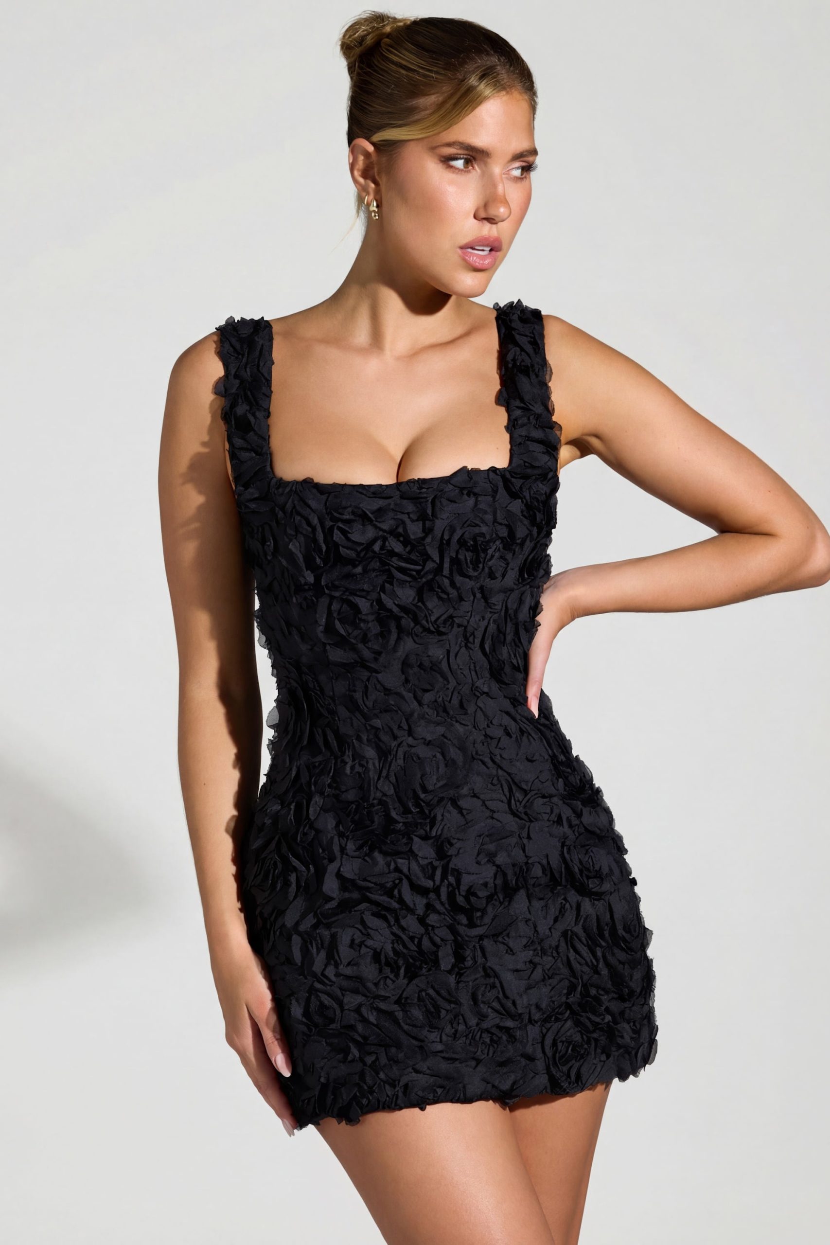 Floral-Appliqu?? Square-Neck Corset Mini Dress in Black - Image 4