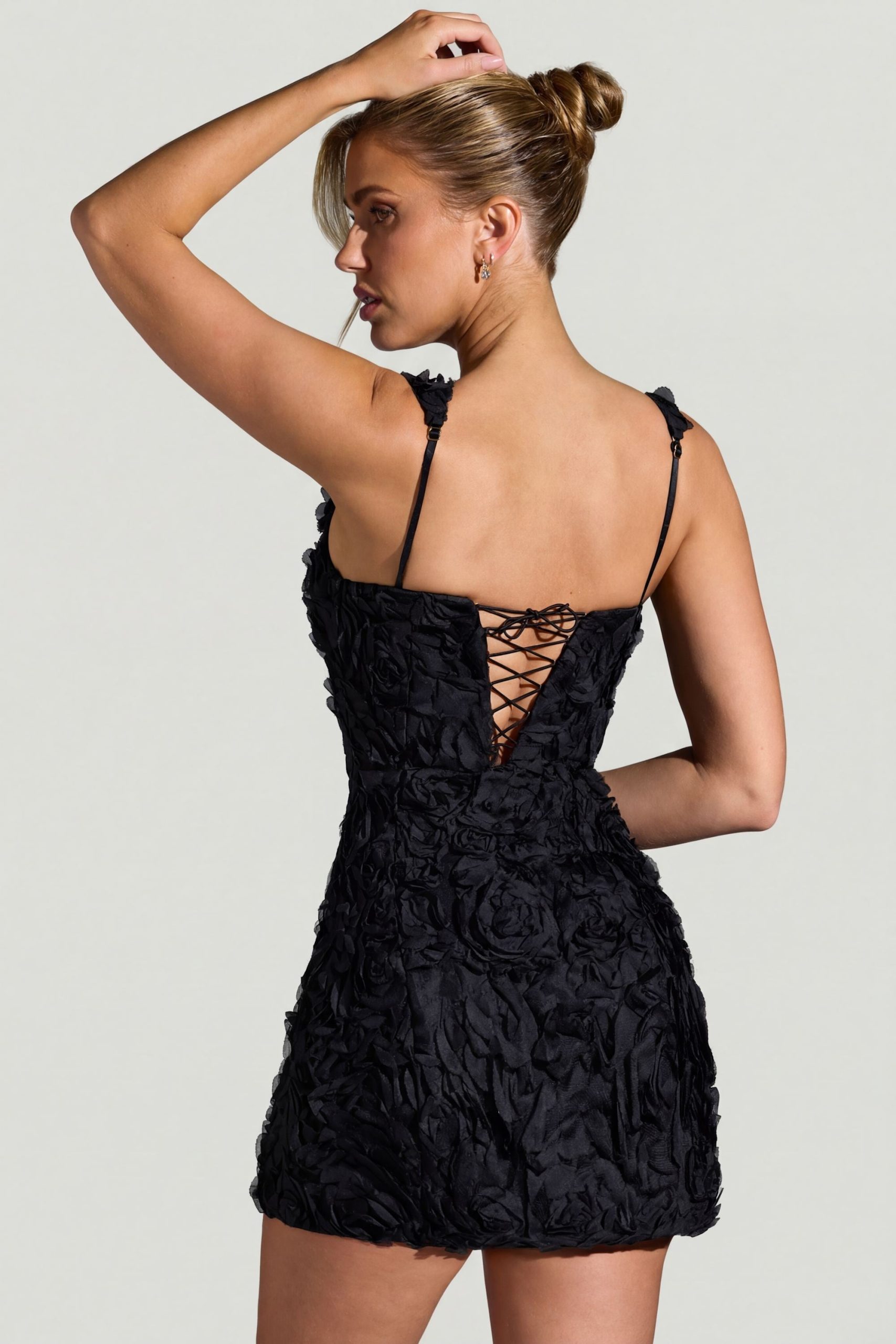Floral-Appliqu?? Square-Neck Corset Mini Dress in Black - Image 7