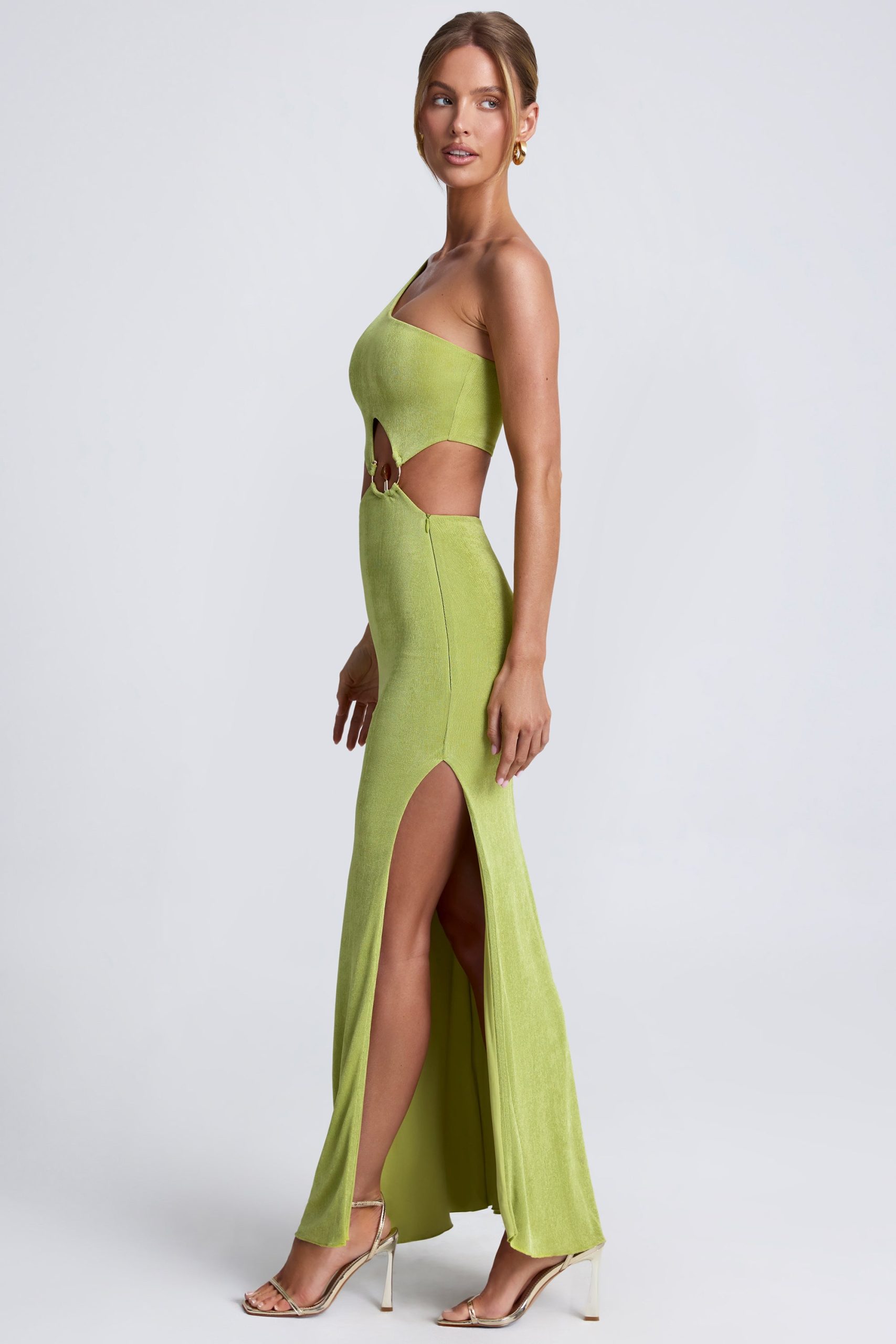 Hardware Detail One-Shoulder Maxi Dress in Olive Green - Image 6
