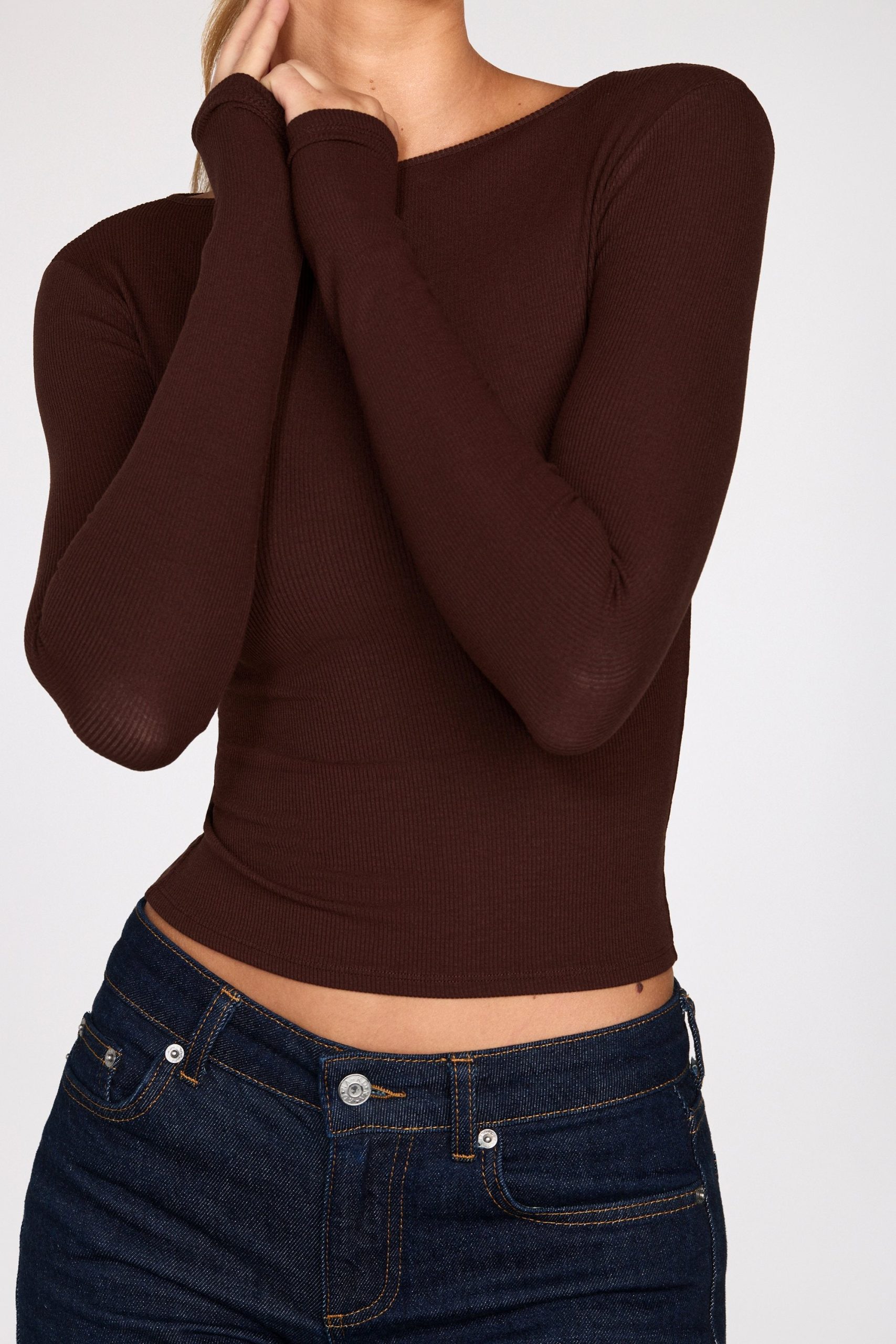 Ribbed Modal Ruched Long-Sleeve Top in Chocolate Brown - Image 2