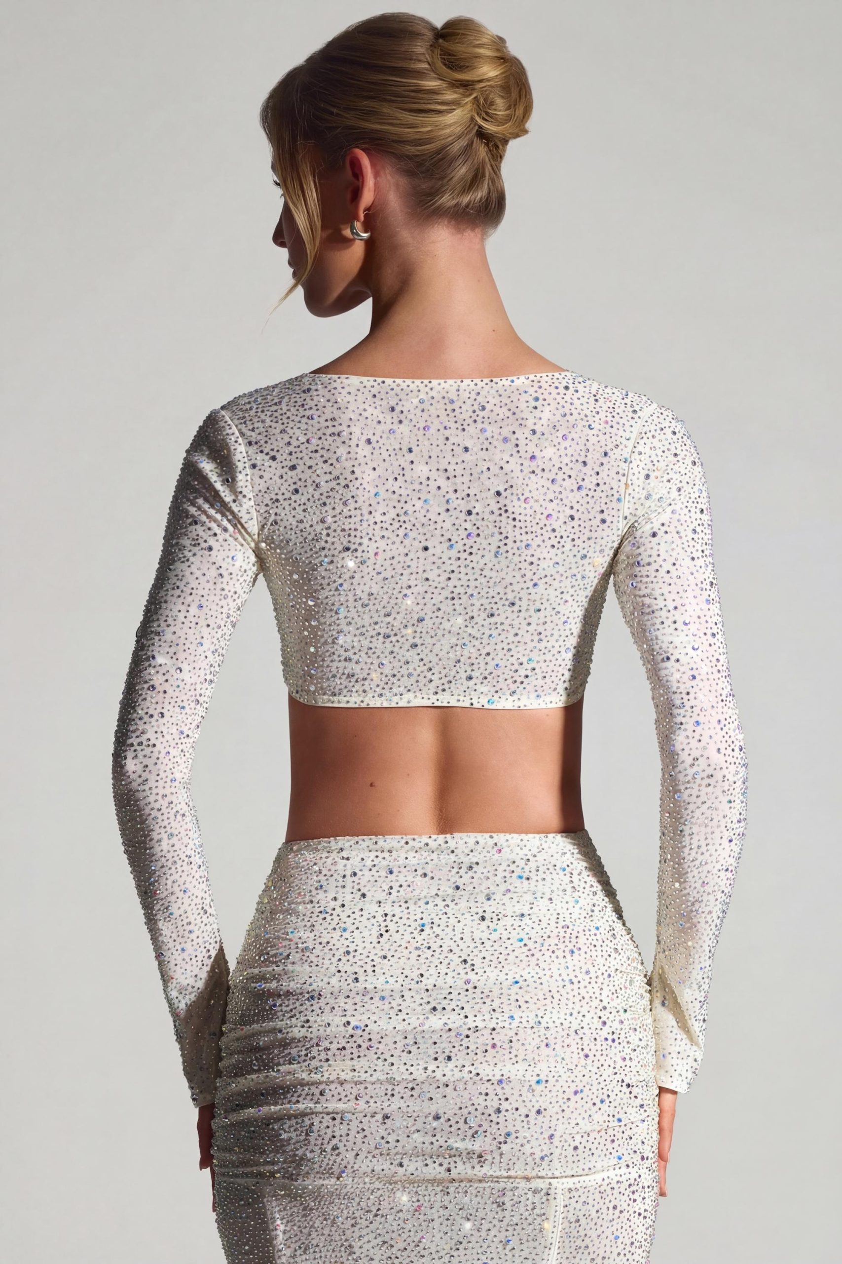 Embellished Long-Sleeve Crop Top in White - Image 3