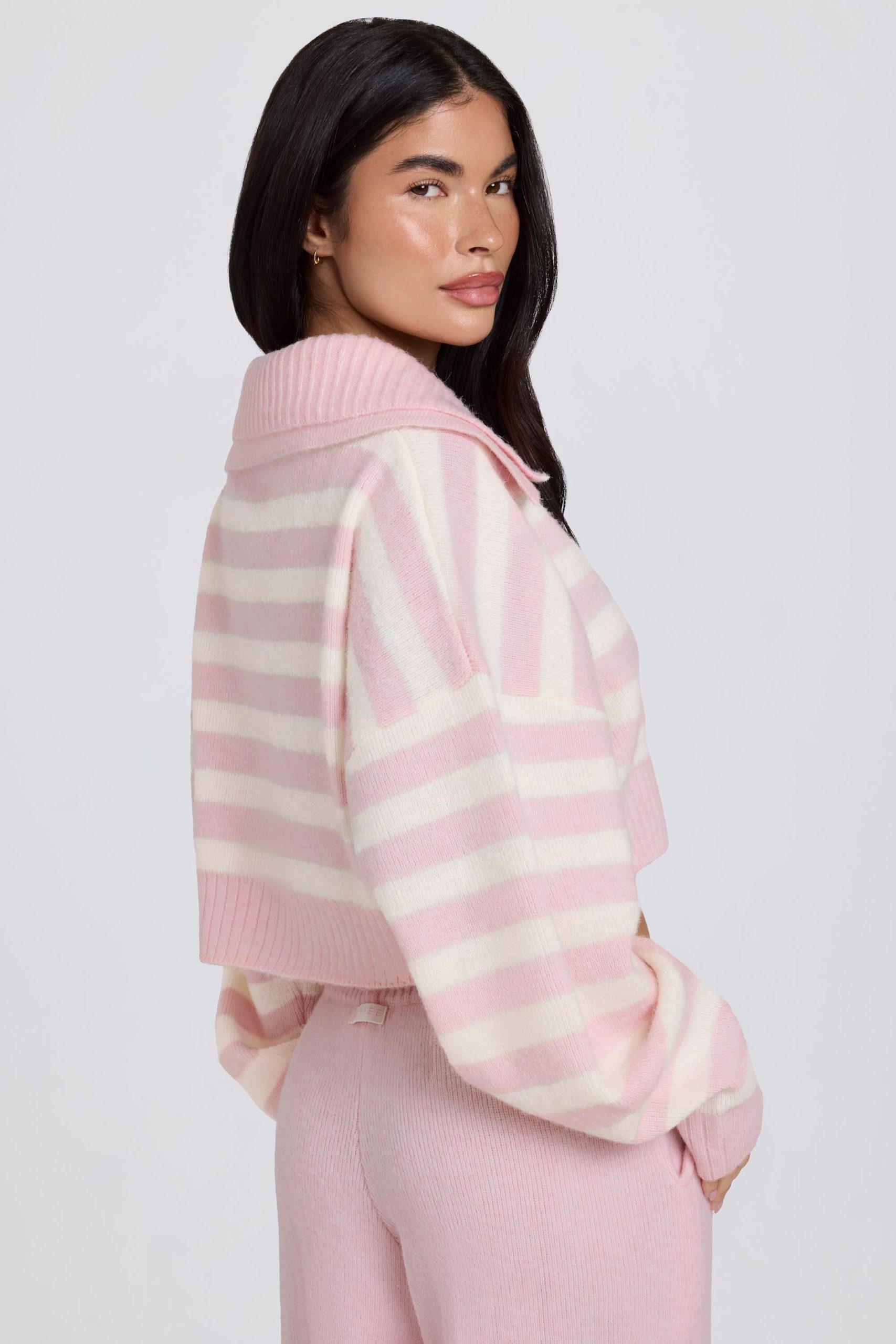 Soft Knit Layered Collar Cropped Jumper in Pink Stripe - Image 2