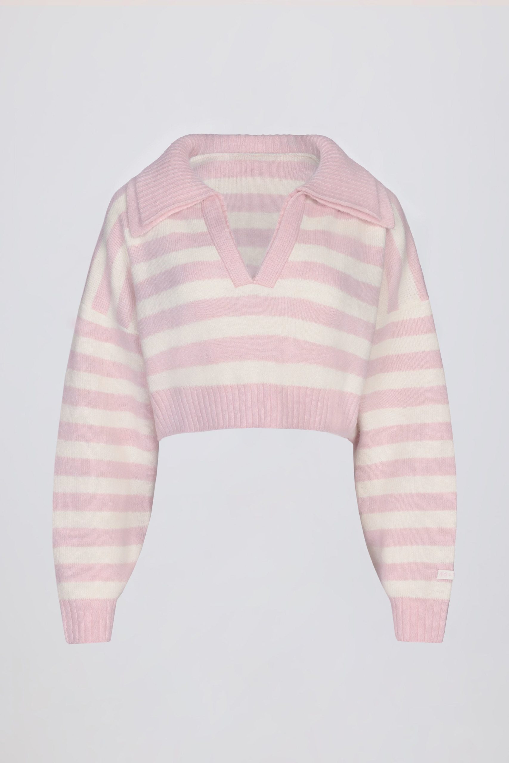 Soft Knit Layered Collar Cropped Jumper in Pink Stripe - Image 3