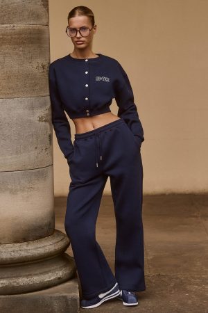 Premium Brushed Jersey Wide-Leg Joggers in Classic Navy