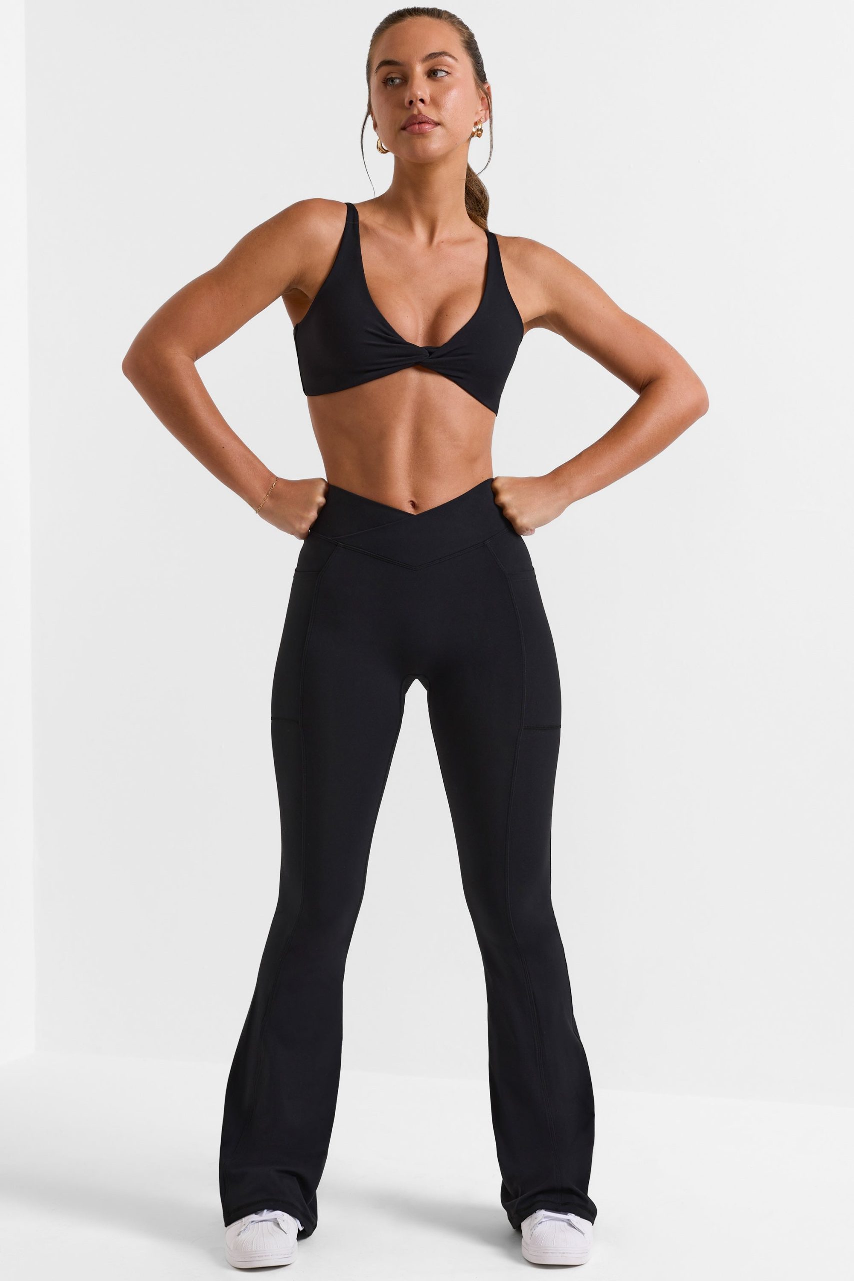 Soft Active V-Waist Pocket Flared Leggings in Black - Image 5