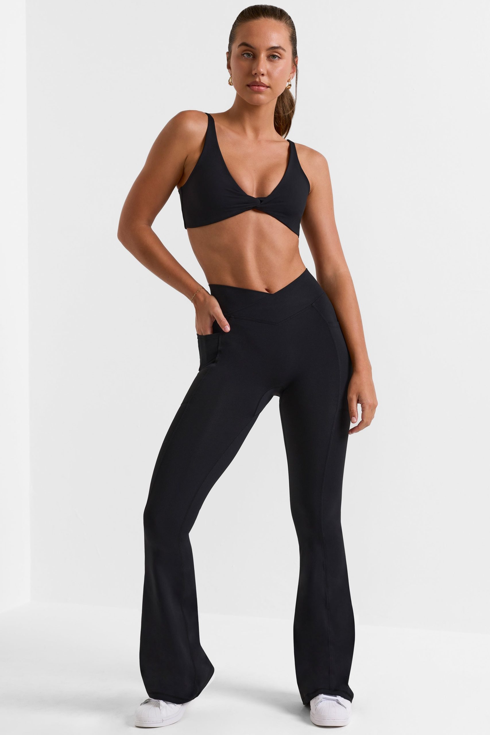 Soft Active V-Waist Pocket Flared Leggings in Black - Image 6