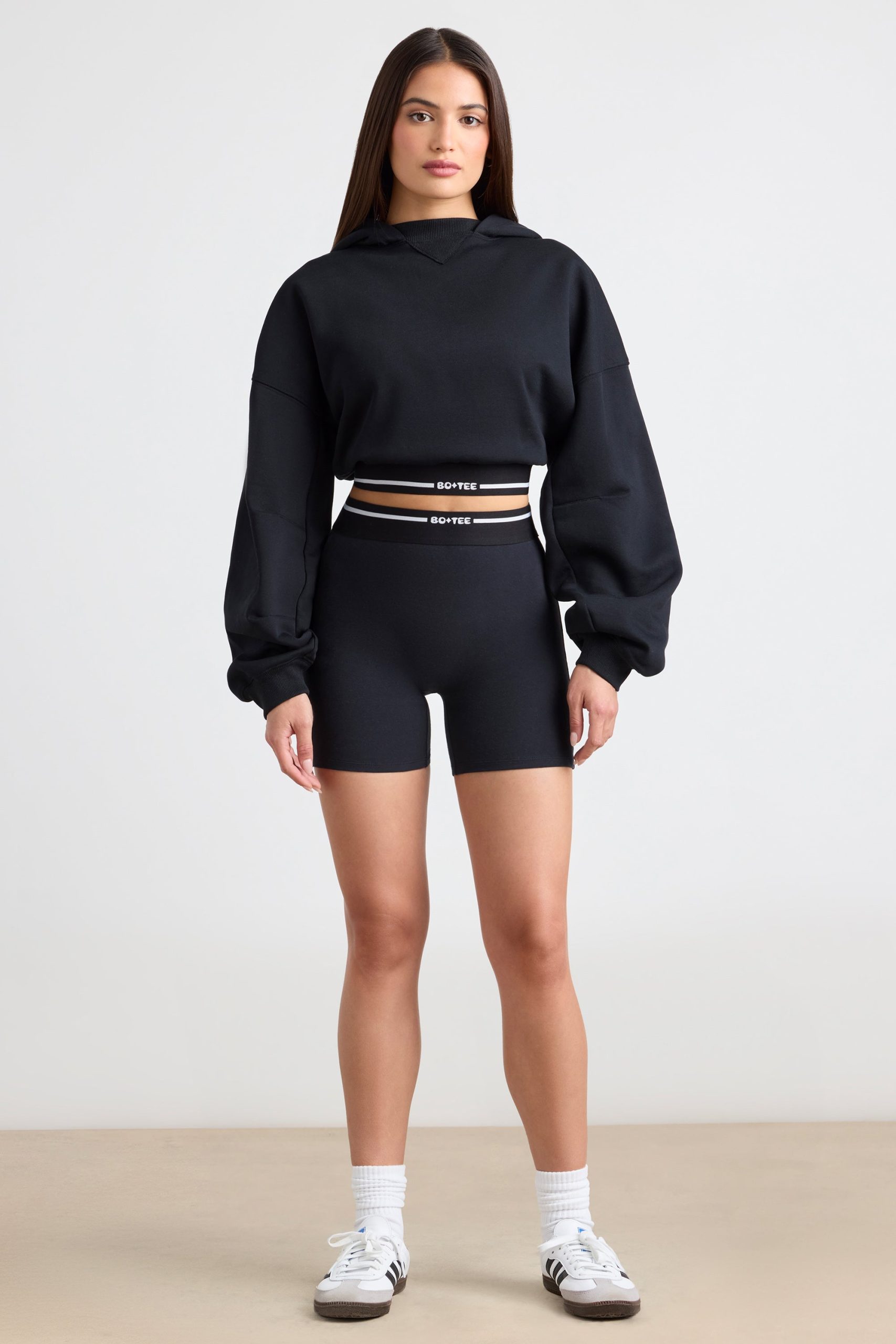Stretch Cotton Fleece Cropped Hoodie in Black - Image 4