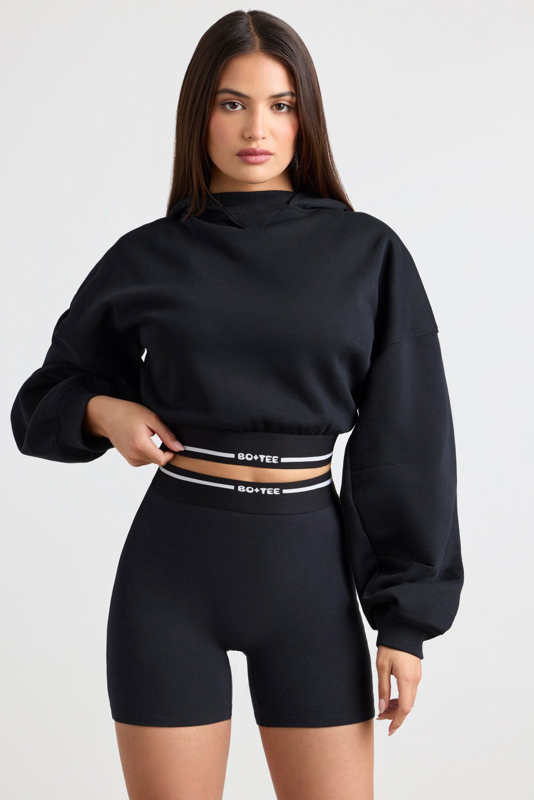 Stretch Cotton Fleece Cropped Hoodie in Black - Image 5