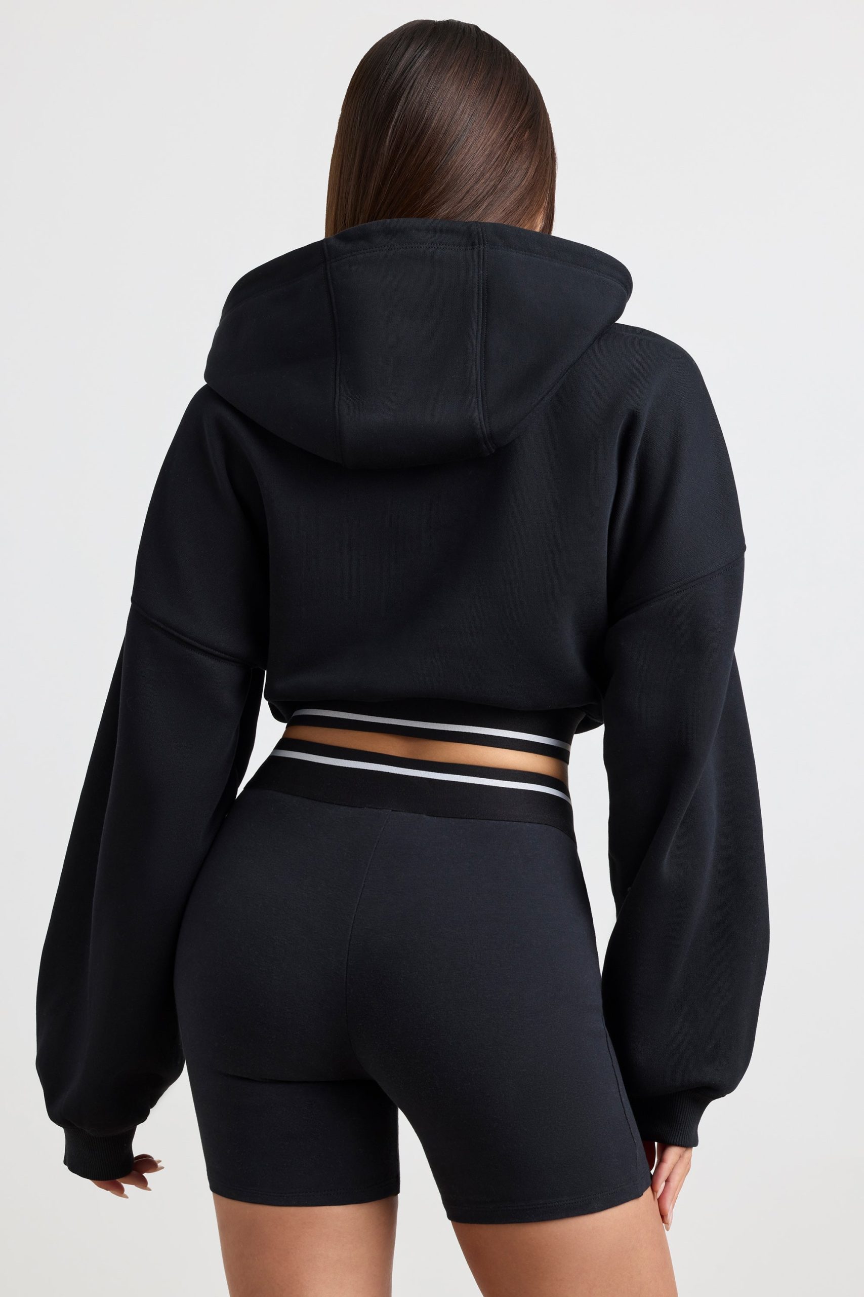 Stretch Cotton Fleece Cropped Hoodie in Black - Image 2
