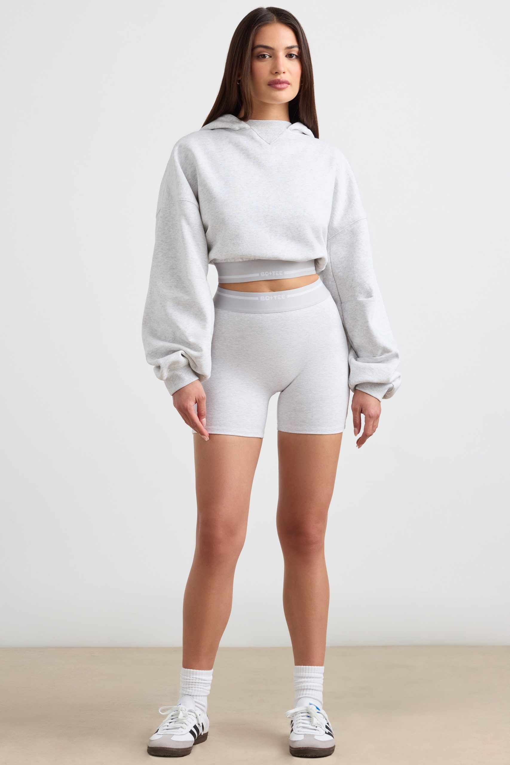 Stretch Cotton Fleece Cropped Hoodie in Grey Marl - Image 6