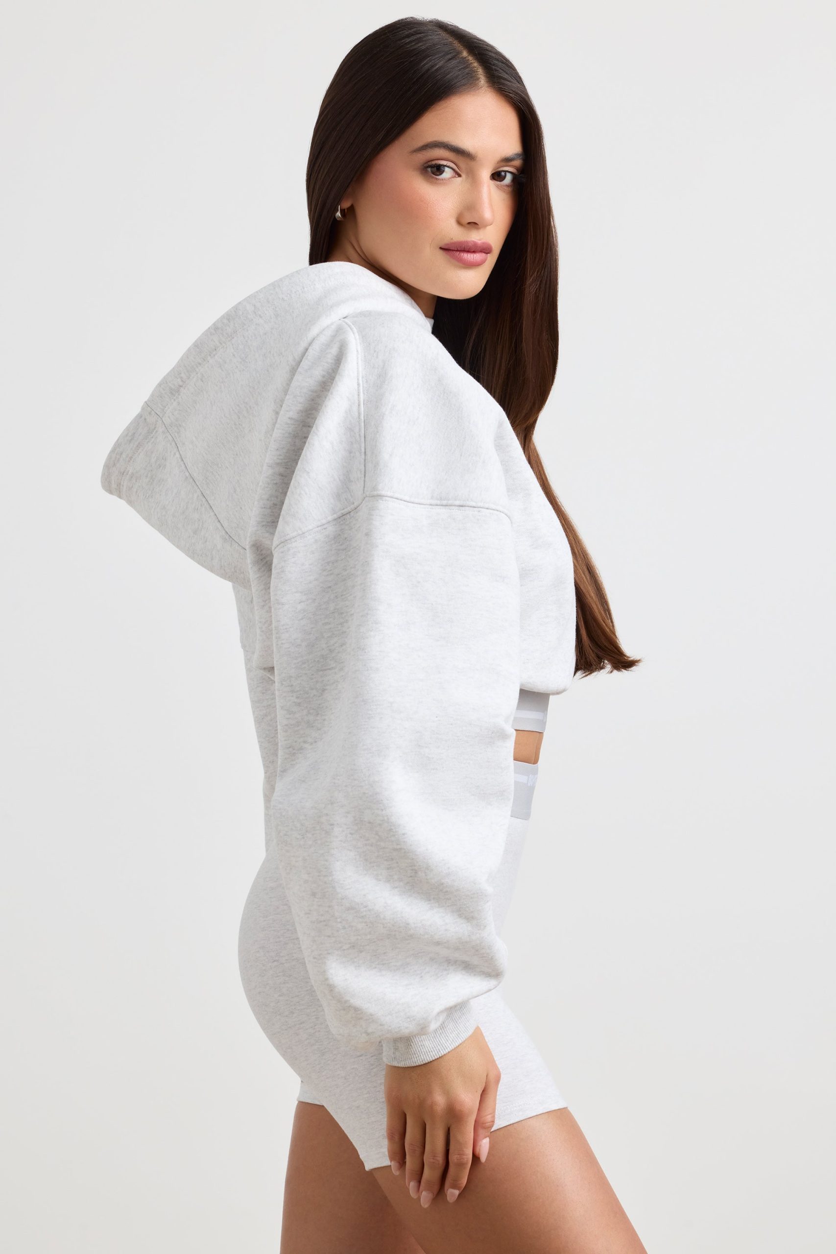 Stretch Cotton Fleece Cropped Hoodie in Grey Marl - Image 3