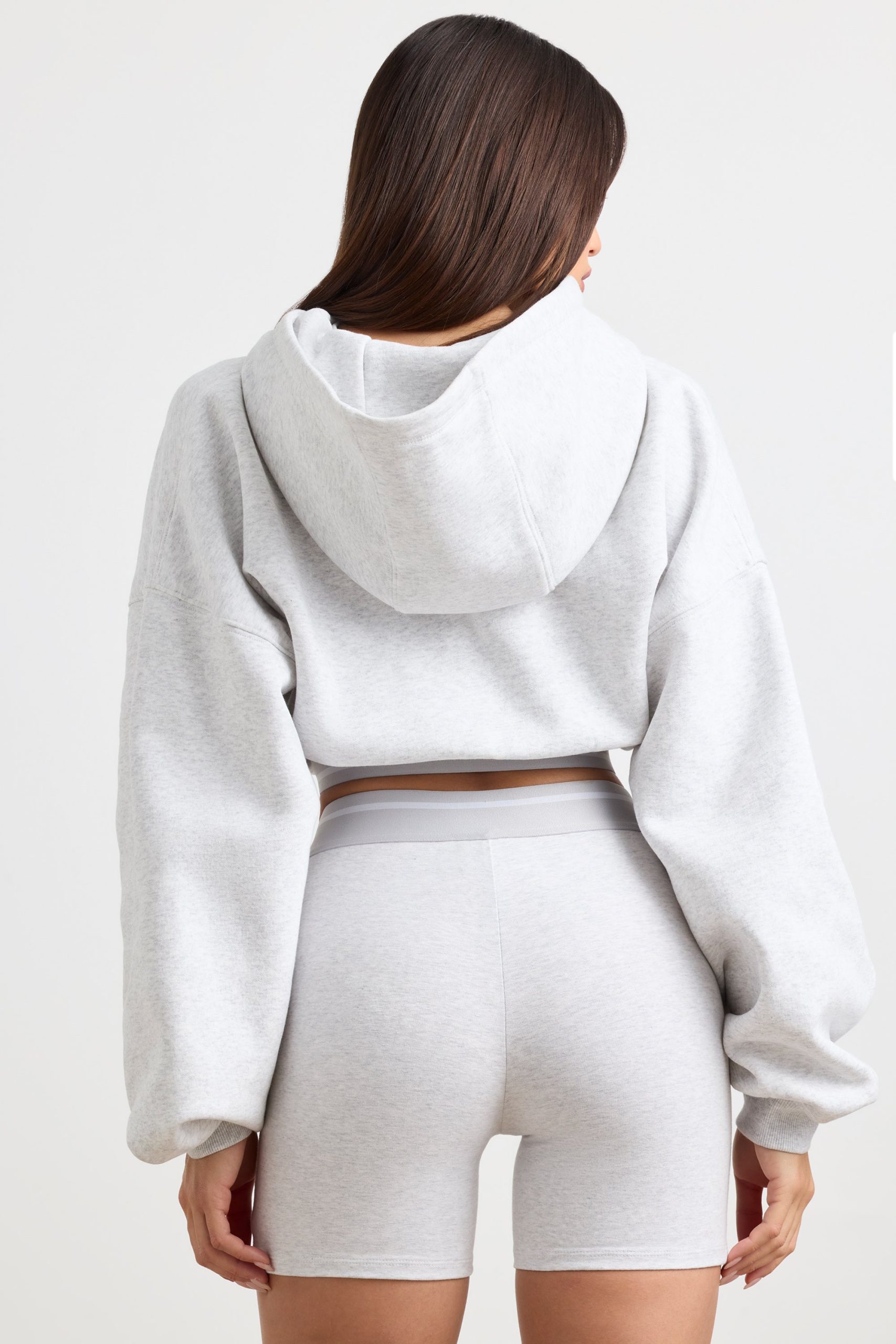 Stretch Cotton Fleece Cropped Hoodie in Grey Marl - Image 2