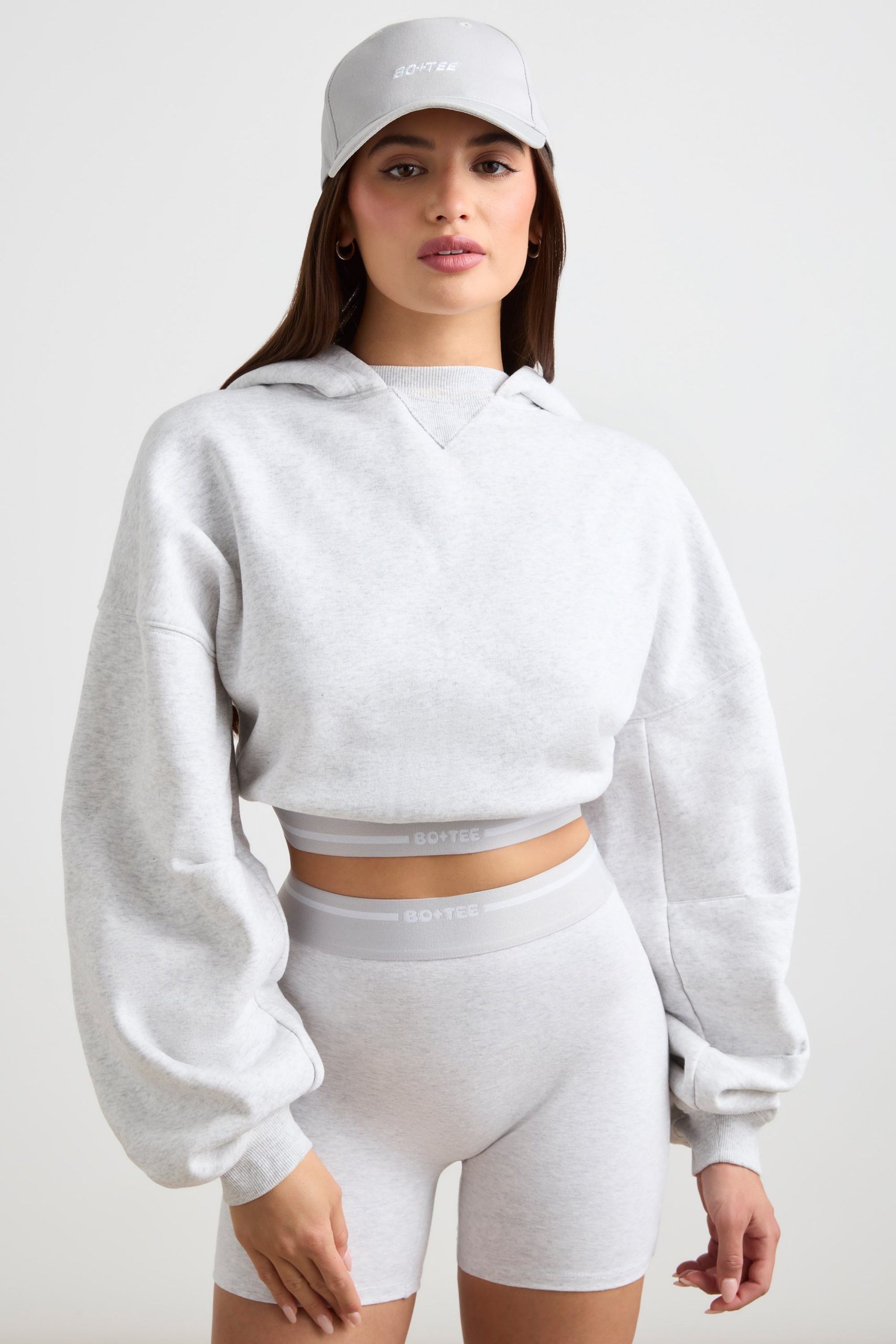 Stretch Cotton Fleece Cropped Hoodie in Grey Marl - Image 5