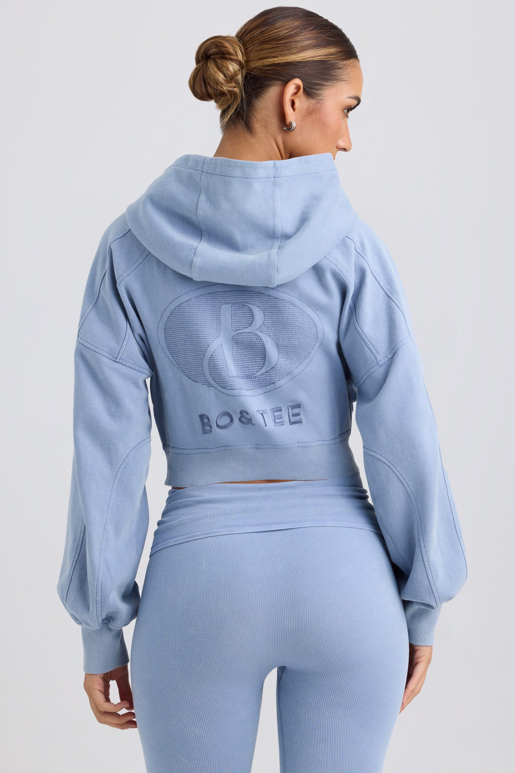 Brushed Jersey Zip-Up Cropped Hoodie in Washed Blue - Image 2