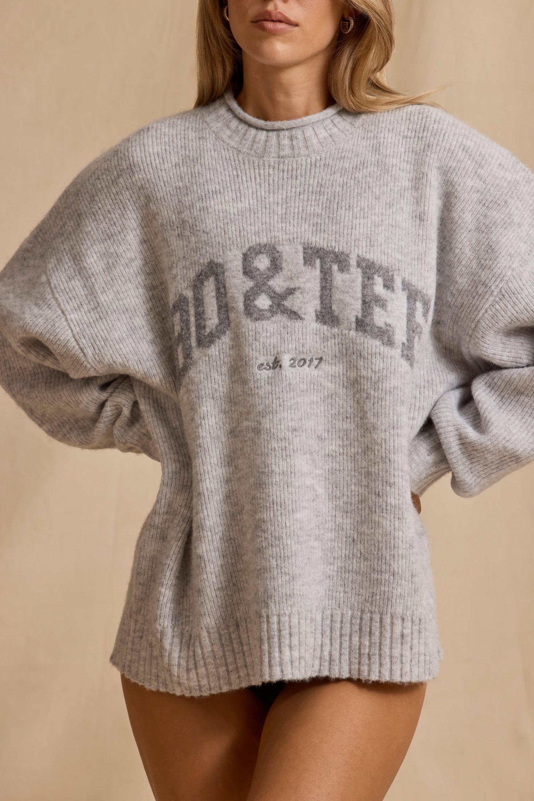 Ribbed Knit Oversized Jumper in Ice Marl - Image 4