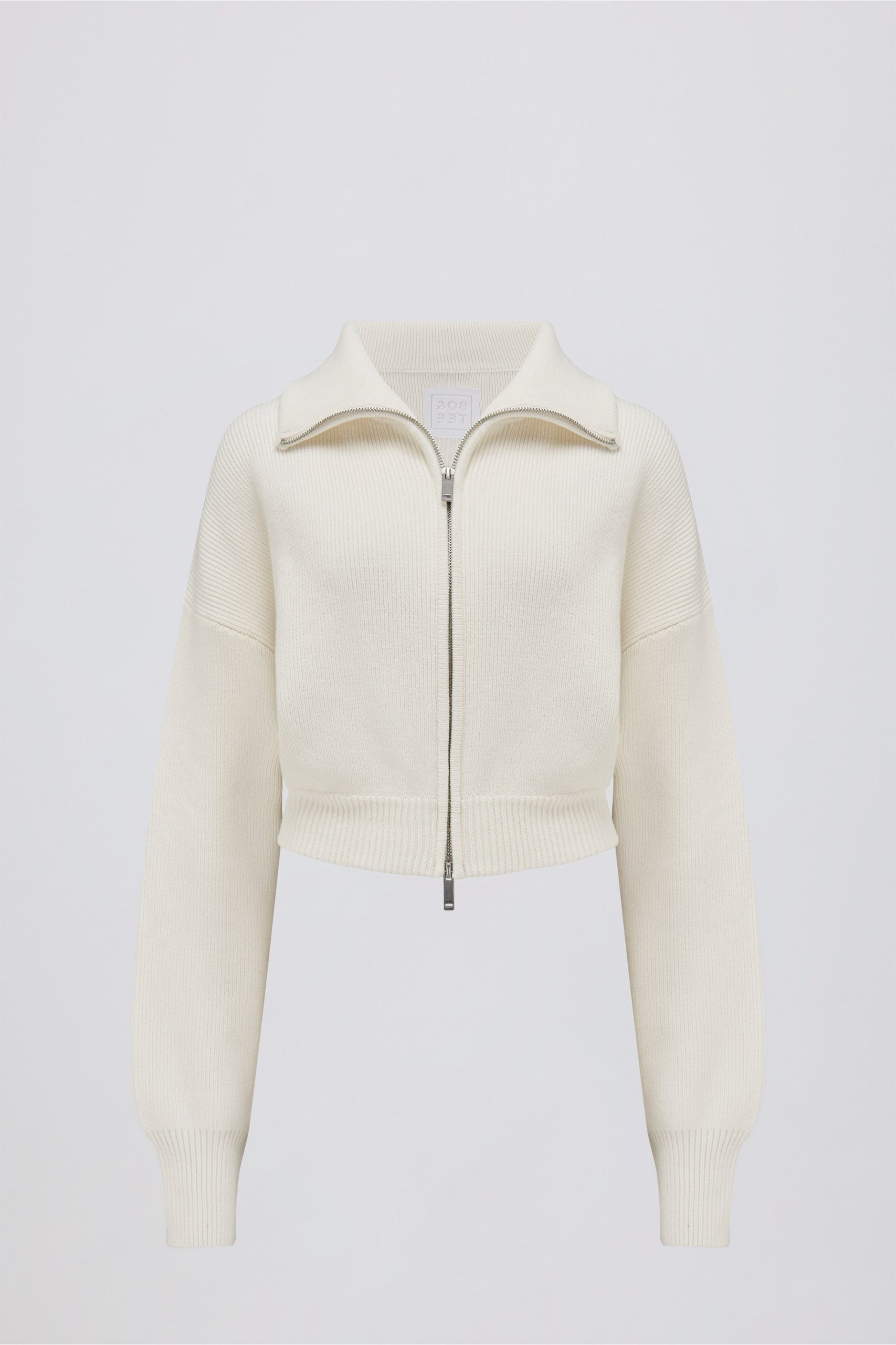 Ribbed Knit Zip-Up Cropped Sweatshirt in Ivory - Image 3